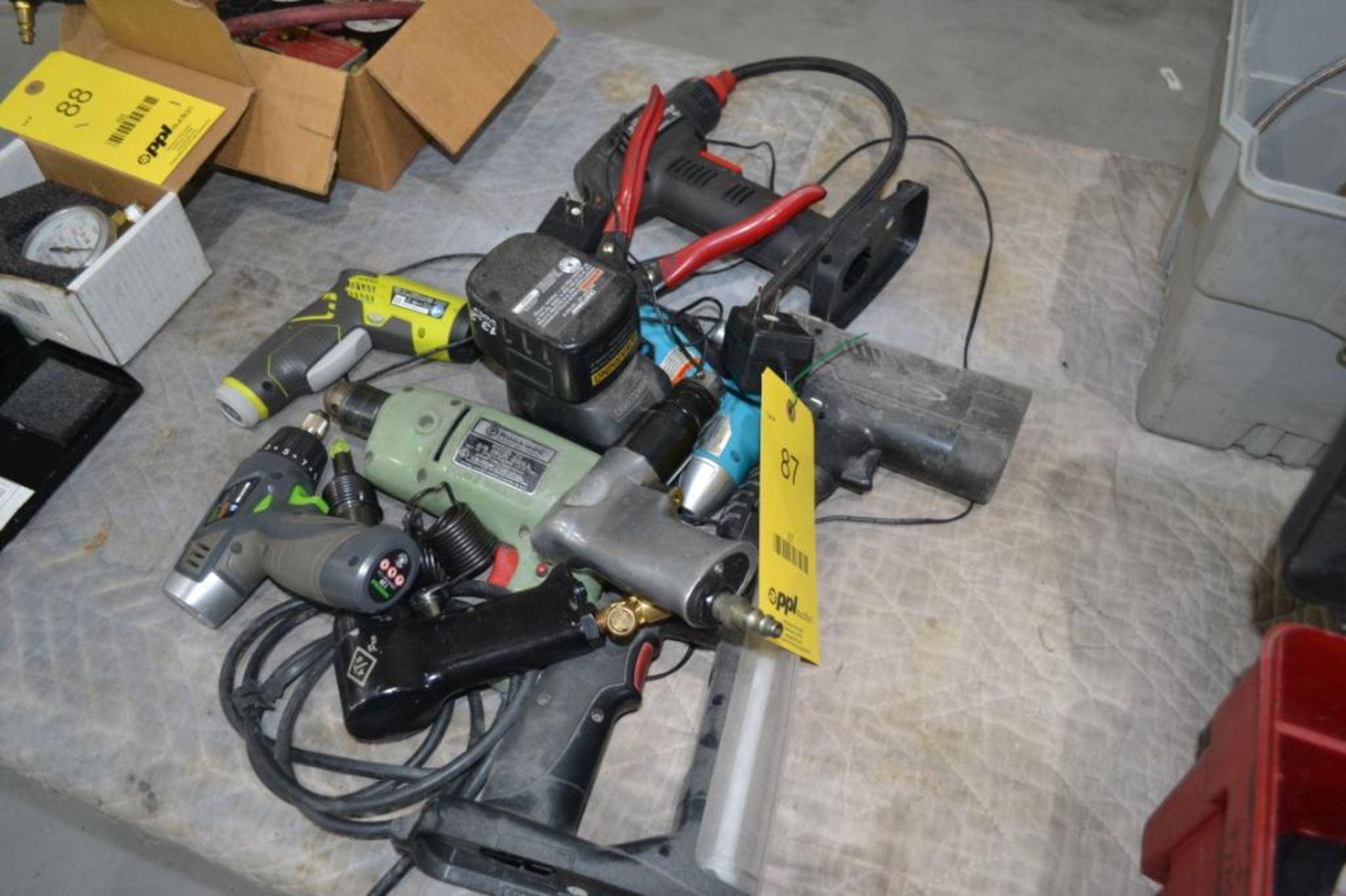 LOT: Assorted Electric & Pneumatic Power Tools & (2) Tool Boxes with Contents