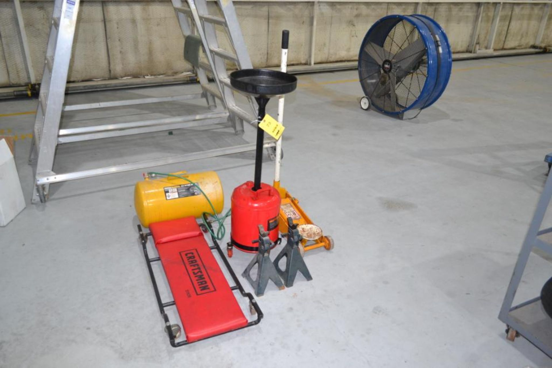 LOT: Portable Floor Jack, Jack Stands, Creeper, Air Tank, Portable Oil Drain Tank