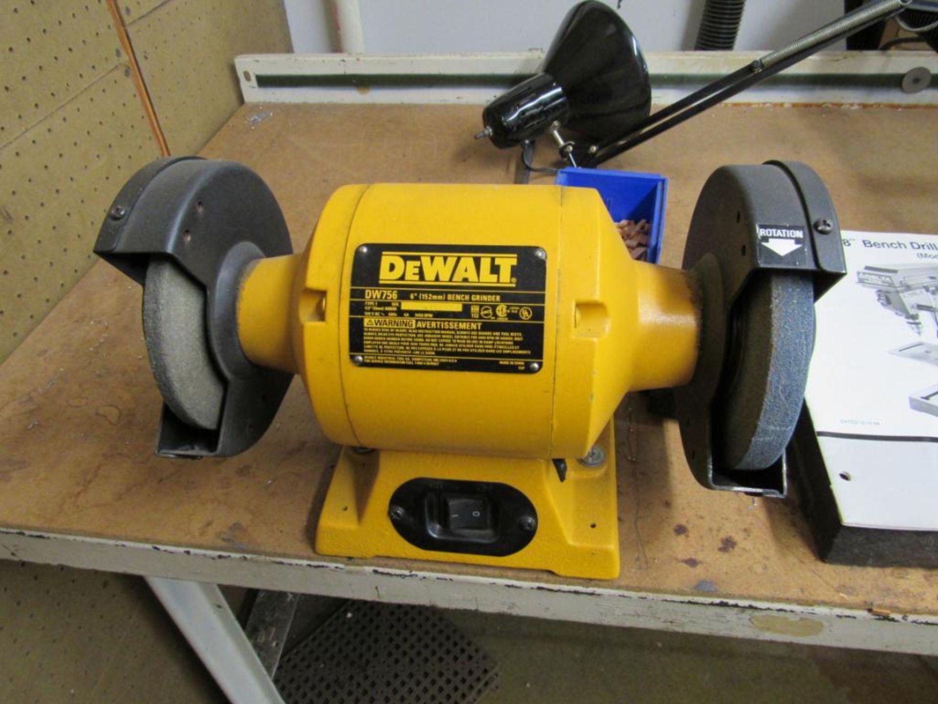LOT: (1) Delta 8 in. Drill Press Mounted on 29 in. x 72 in. Work Bench, (1) Dewalt 6 in. Double End - Image 3 of 4