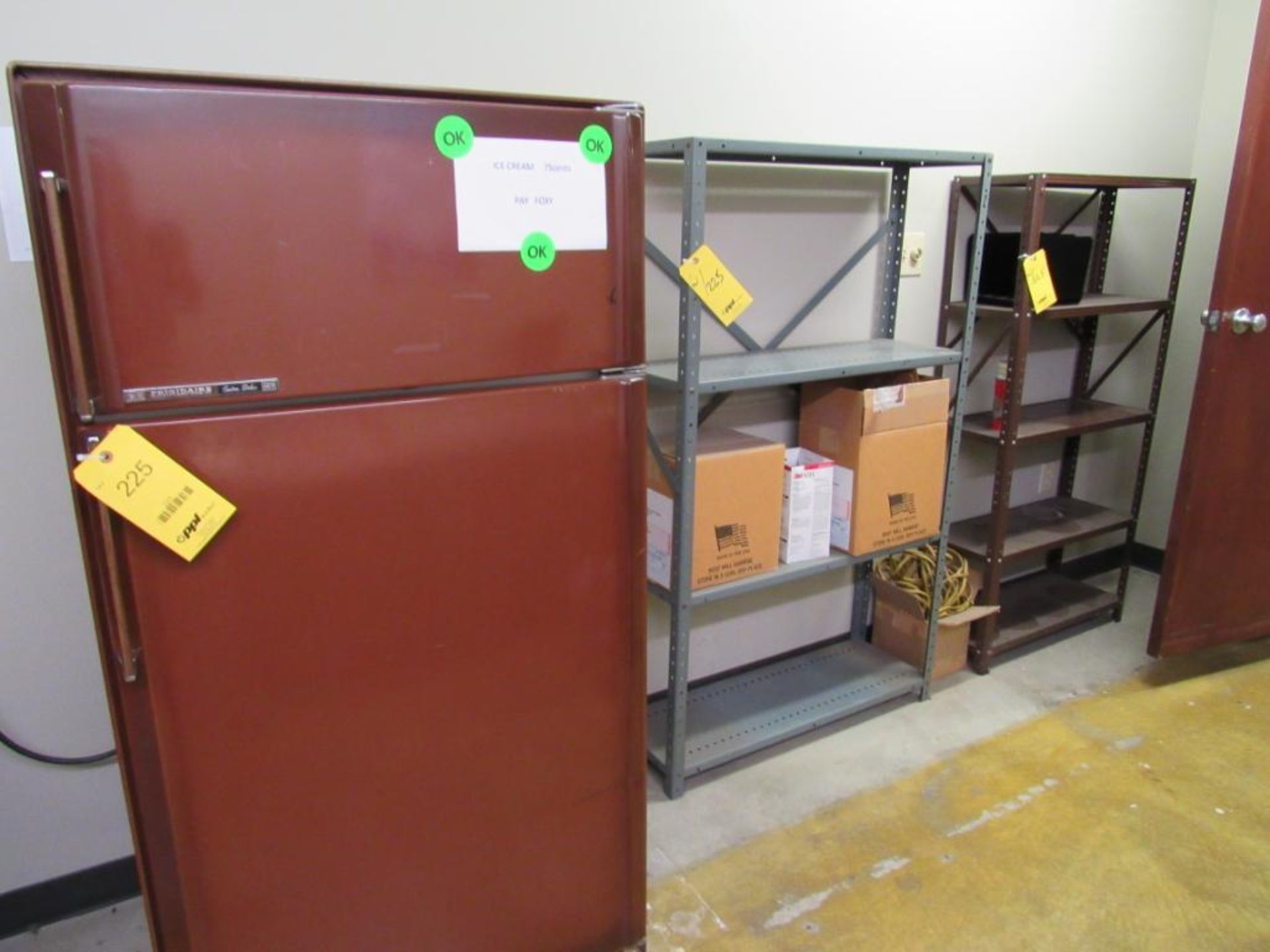 LOT: (1) Frigidaire Refrigerator/Freezer, (2) Adjustable Steel Shelves (in office - Area C)