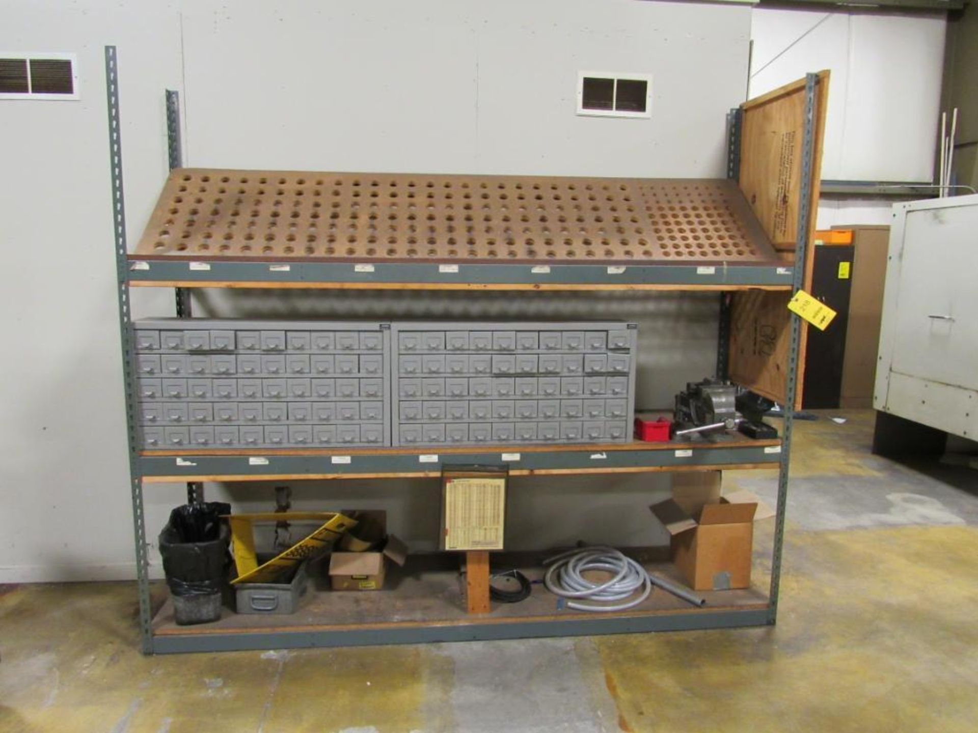 LOT: (1) 24 in. x 96 in. Tooling Shelf with 5-1/2 in. Bench Vise & (2) Multi-Bin Cabinets, (1) Adjus