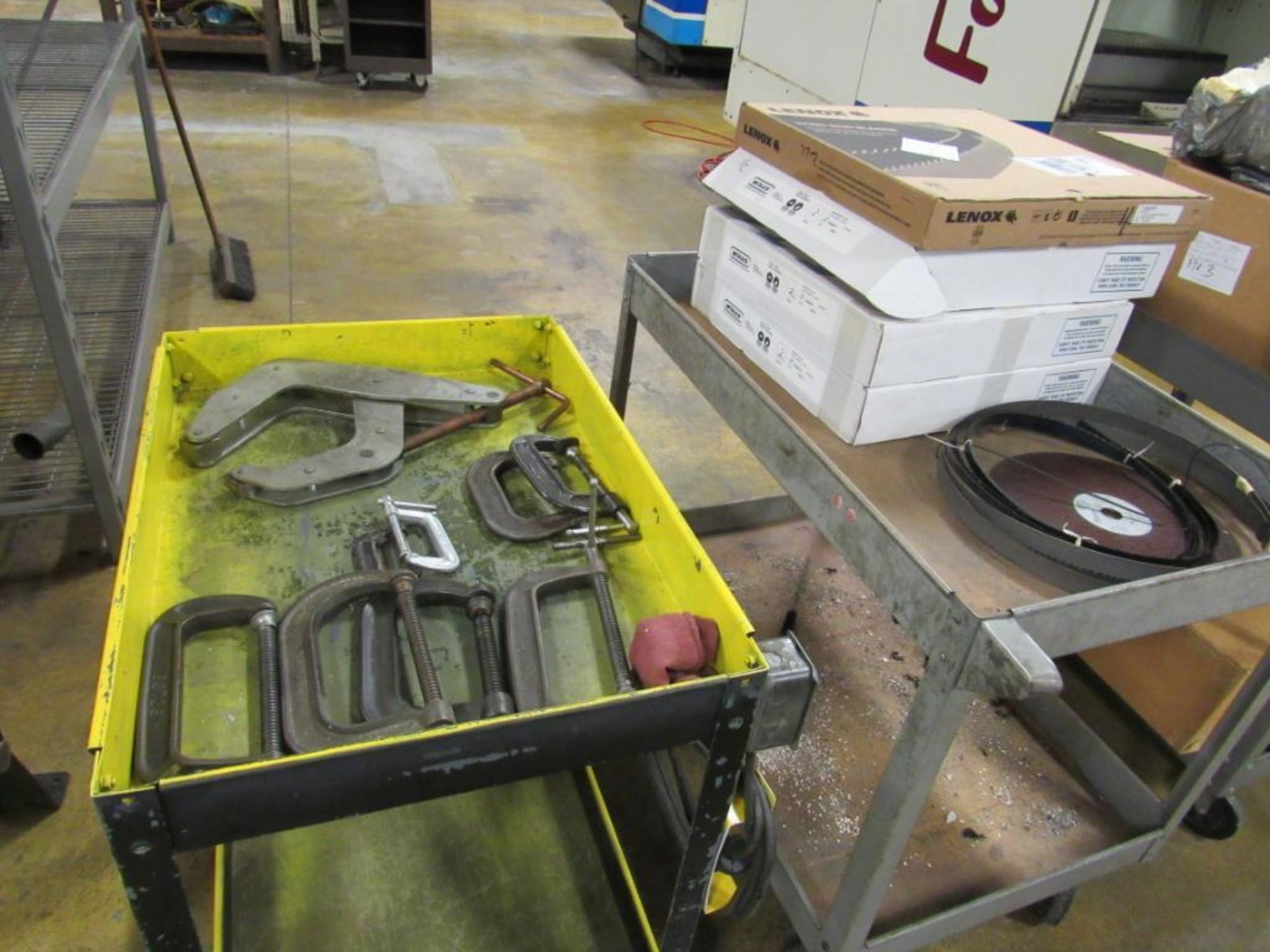 LOT: (3) 4-Wheel Carts with Assorted C-Clamps, Saw Blades, (1) Flood Pump Assembly, etc. (Area C)