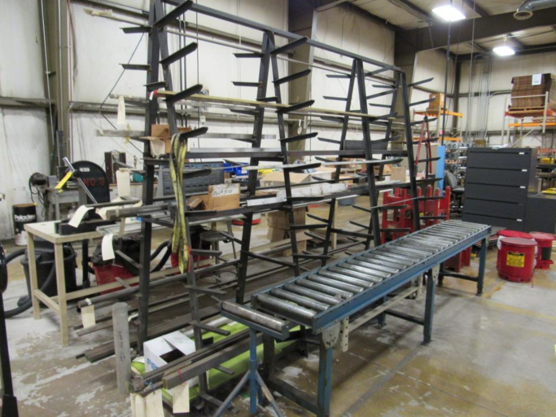LOT: (1) A-Frame Bar Stock Rack (no contents), (1) 16 in. x 120 in. Long Roller Conveyor, (1) 16 in.