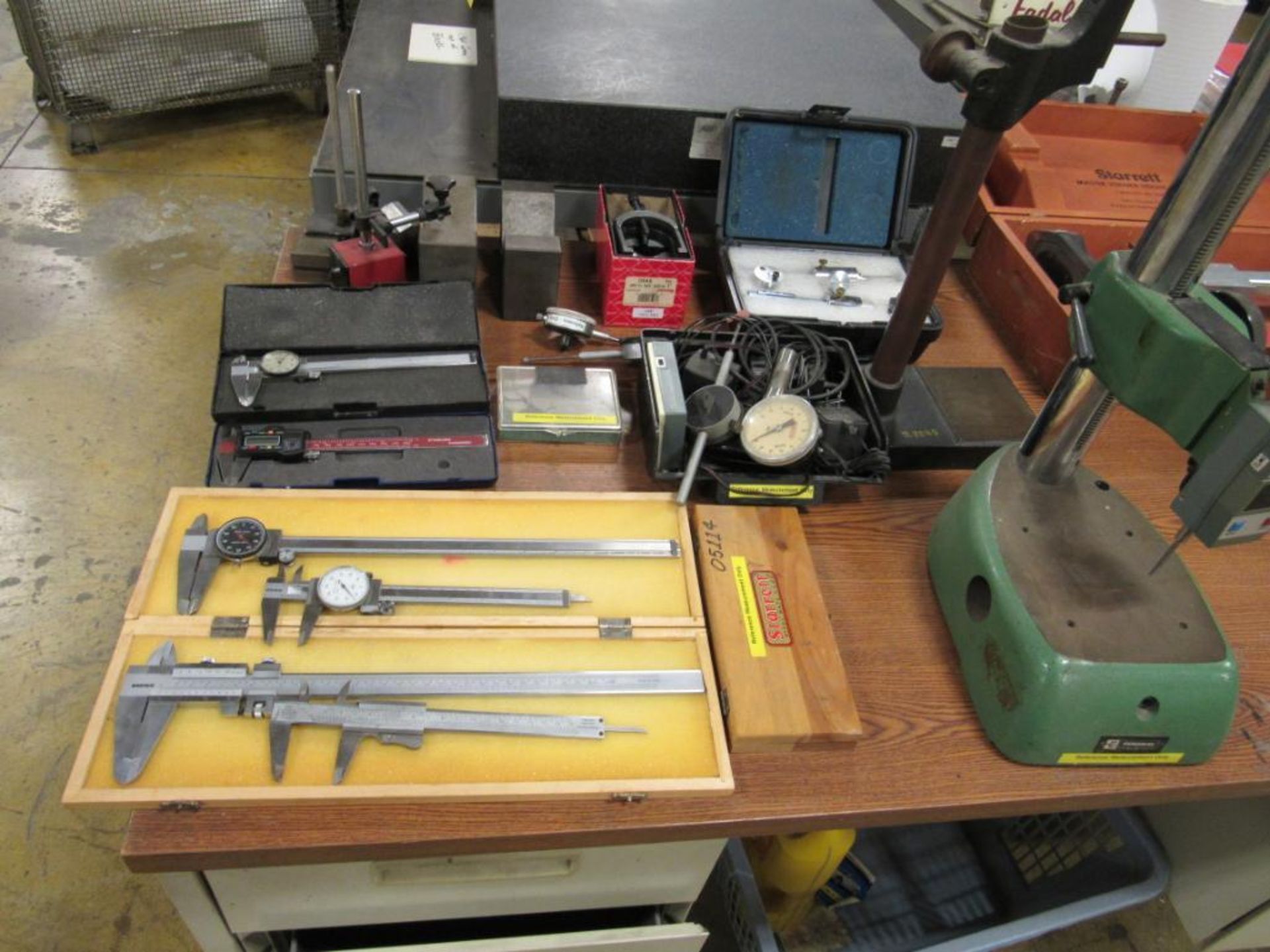 LOT: (1) Desk and (1) 32 in. x 60 in. Steel Work Bench with Inspection Equipment consisting of Assor