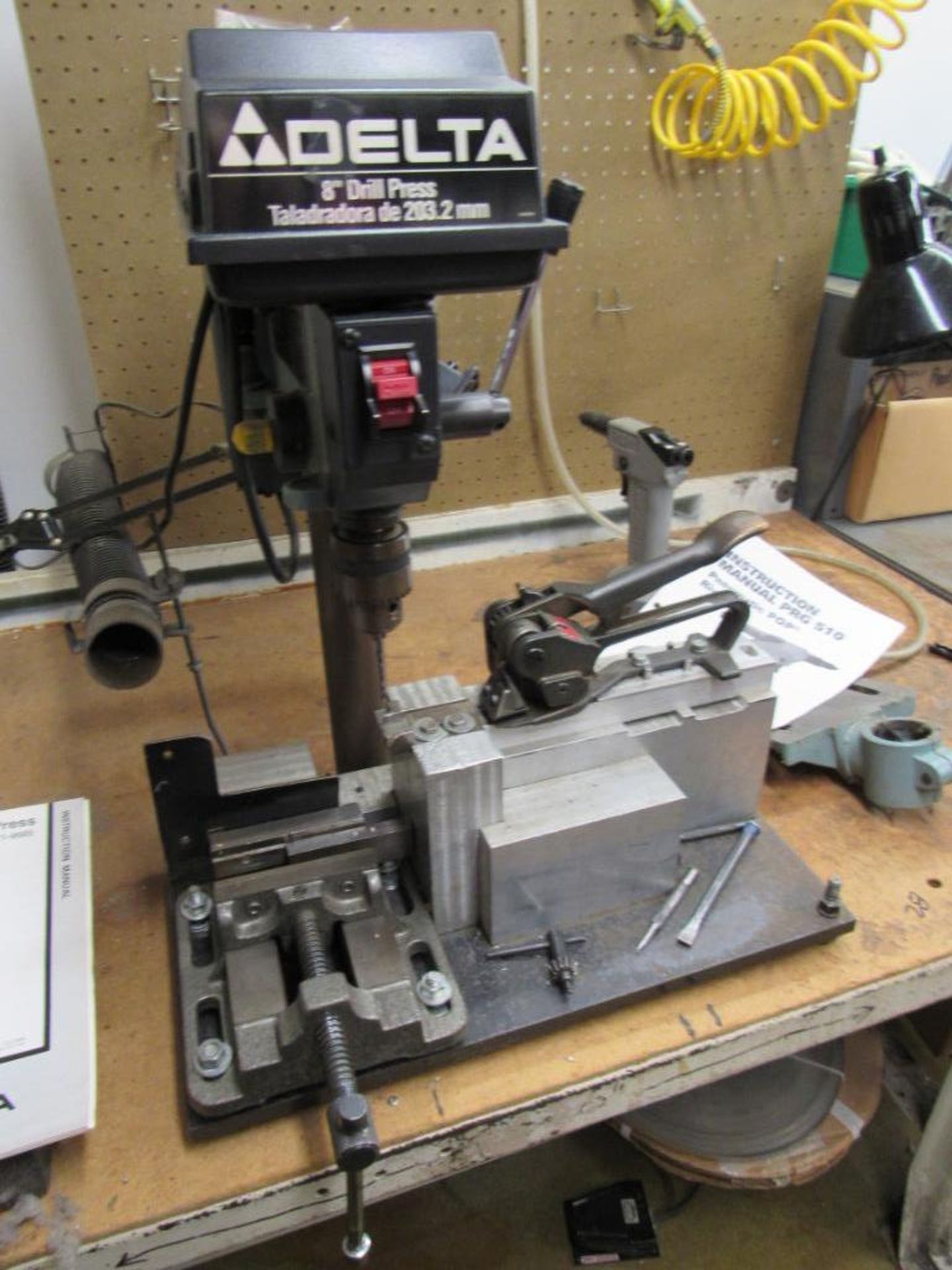 LOT: (1) Delta 8 in. Drill Press Mounted on 29 in. x 72 in. Work Bench, (1) Dewalt 6 in. Double End - Image 4 of 4