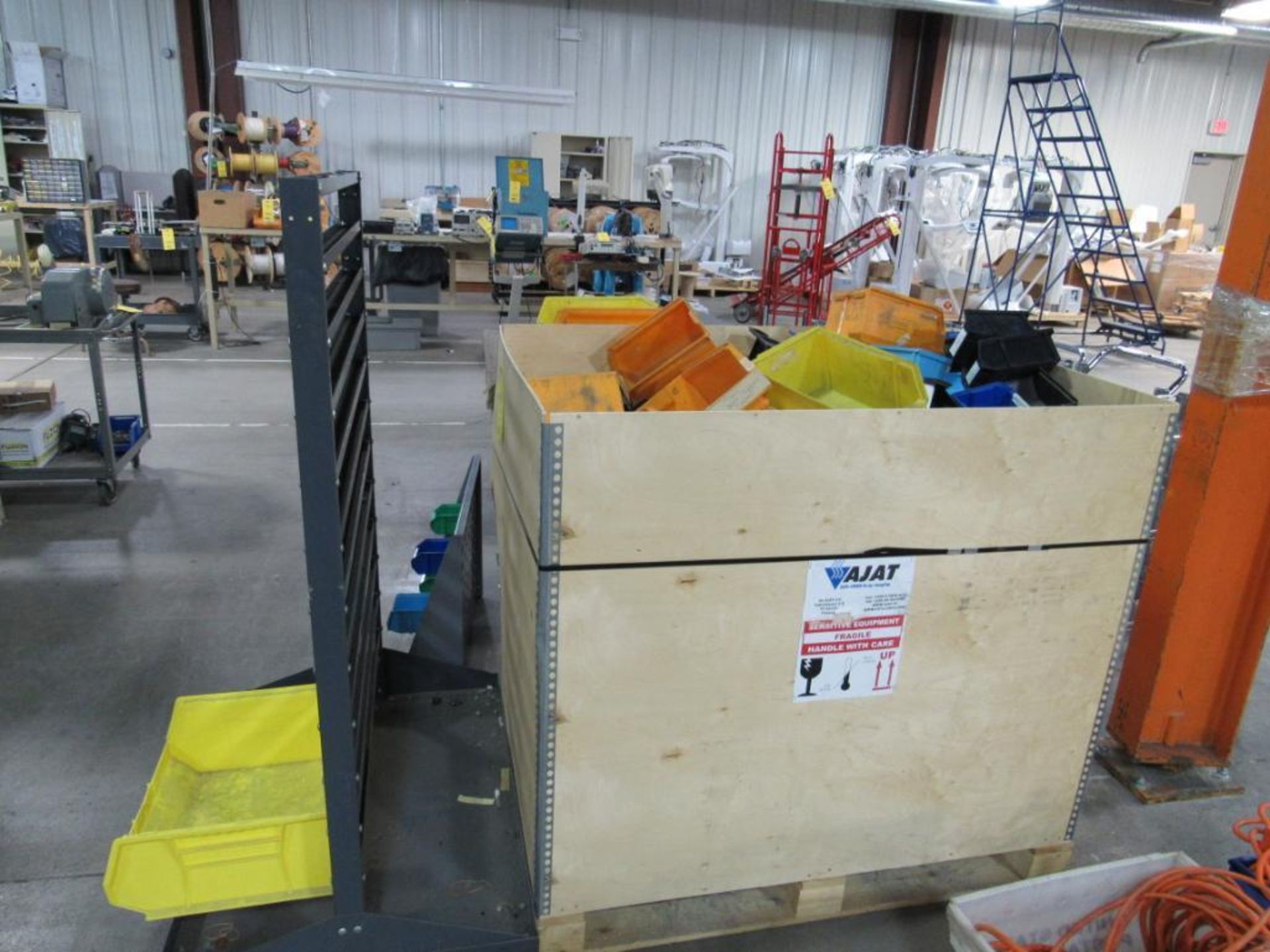 LOT: Assorted Plastic Bin Holders with Large Quantity of Assorted Plastic Bins, (1) 30 in. x 48 in.