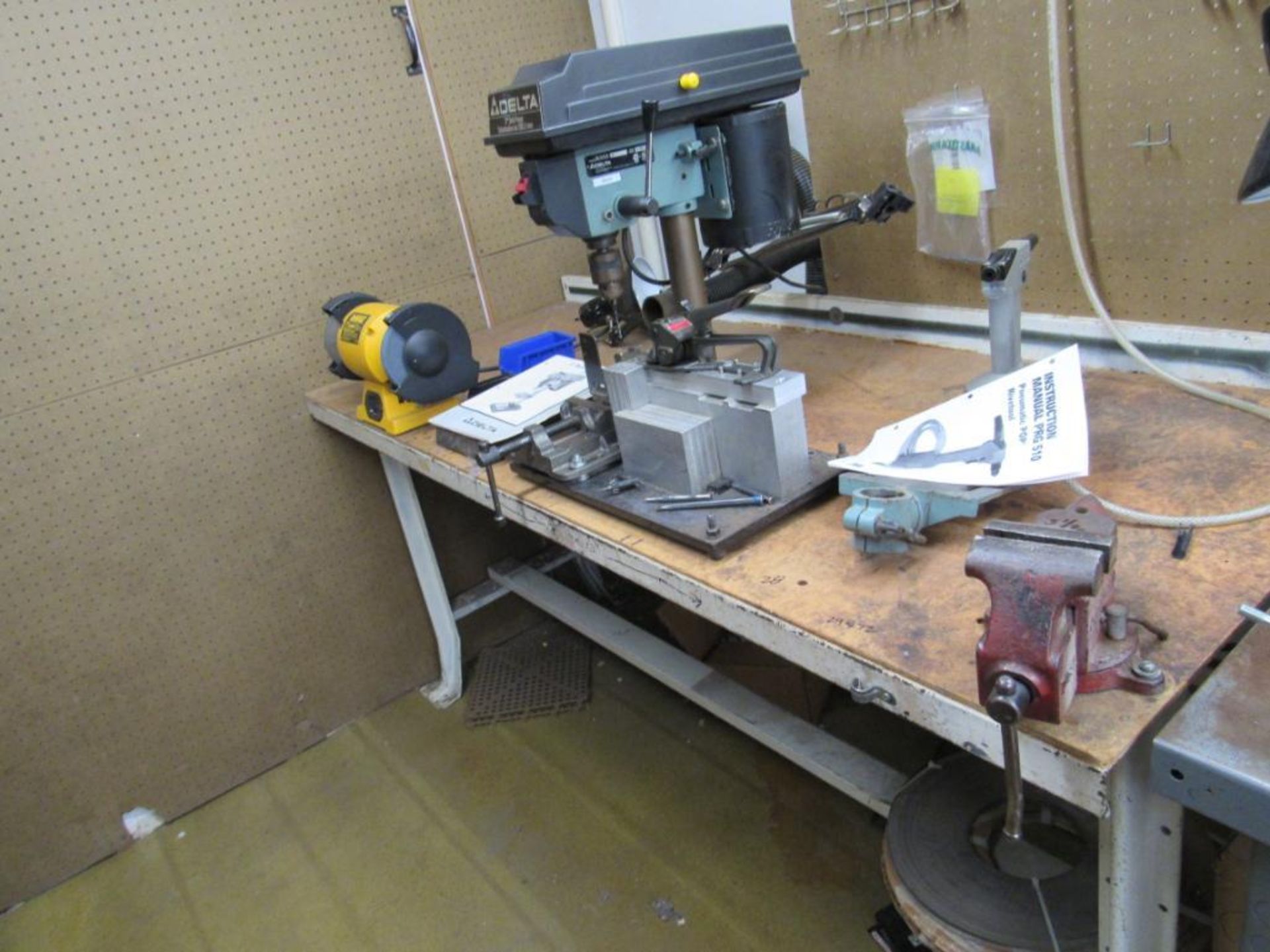 LOT: (1) Delta 8 in. Drill Press Mounted on 29 in. x 72 in. Work Bench, (1) Dewalt 6 in. Double End