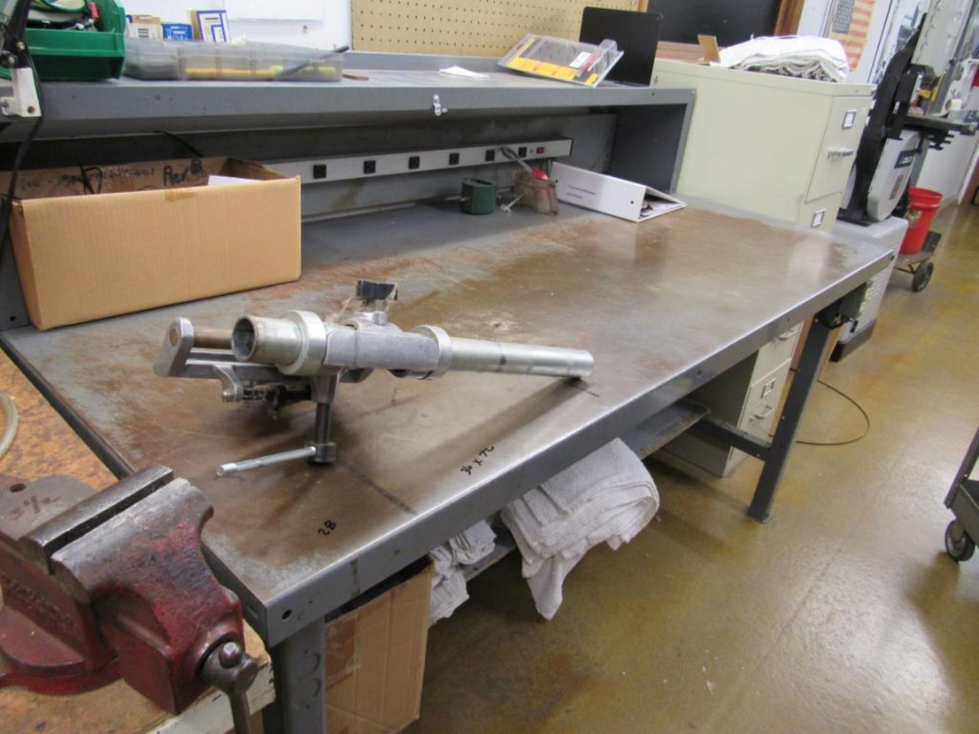 LOT: (1) Delta 8 in. Drill Press Mounted on 29 in. x 72 in. Work Bench, (1) Dewalt 6 in. Double End - Image 2 of 4