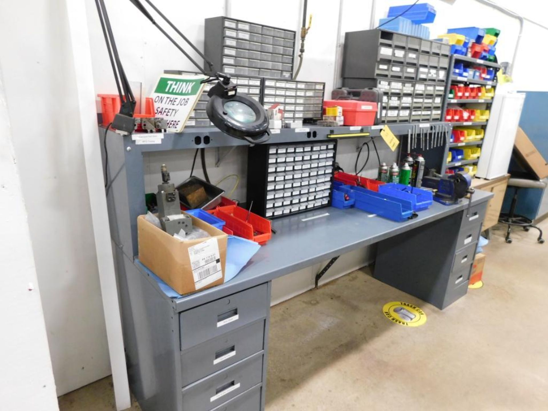 LOT: Large Assortment of Normac Tooling & Parts with Steel Work Station, Cabinet, 4 in. Vise,