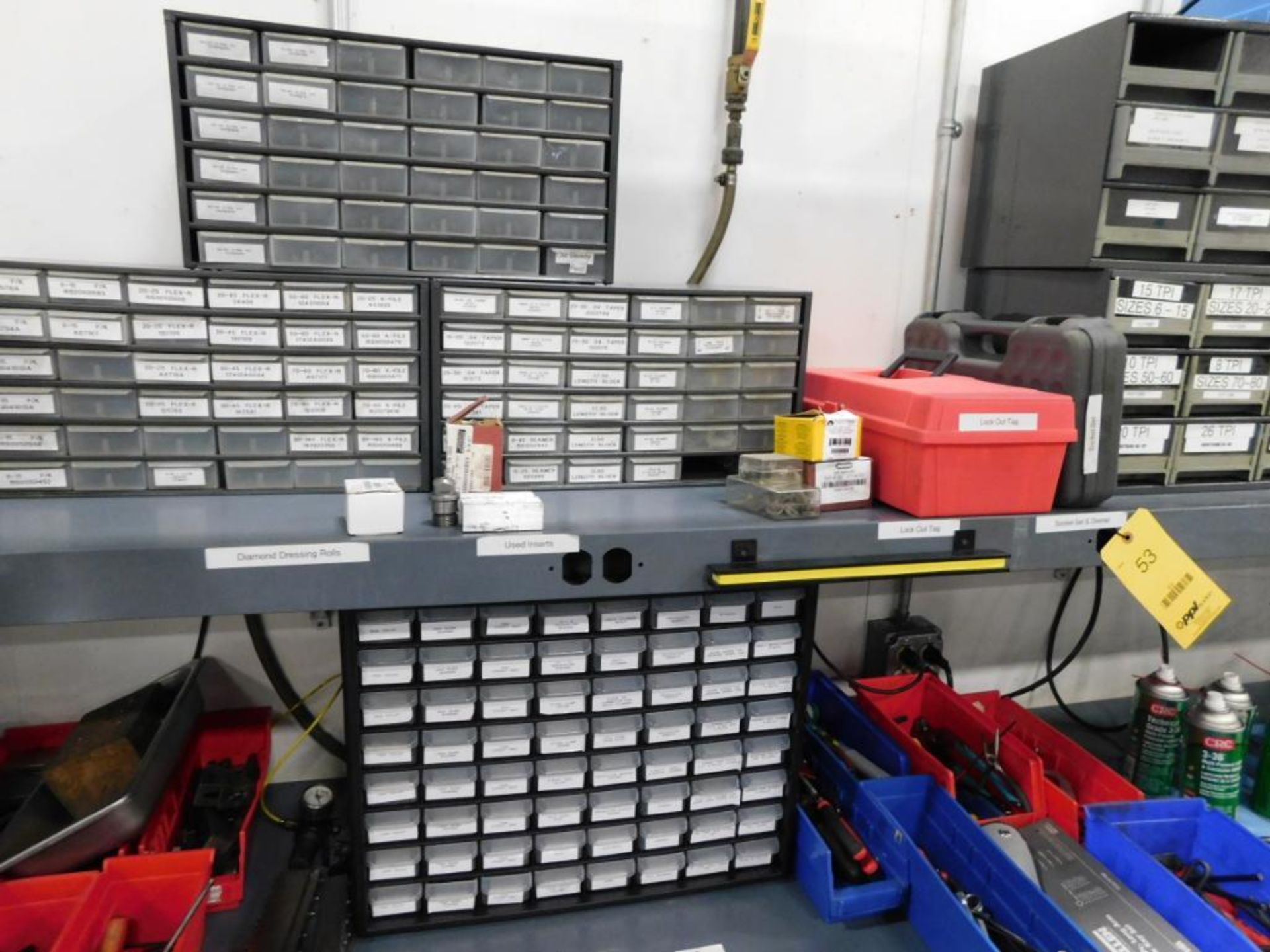 LOT: Large Assortment of Normac Tooling & Parts with Steel Work Station, Cabinet, 4 in. Vise, - Image 2 of 3