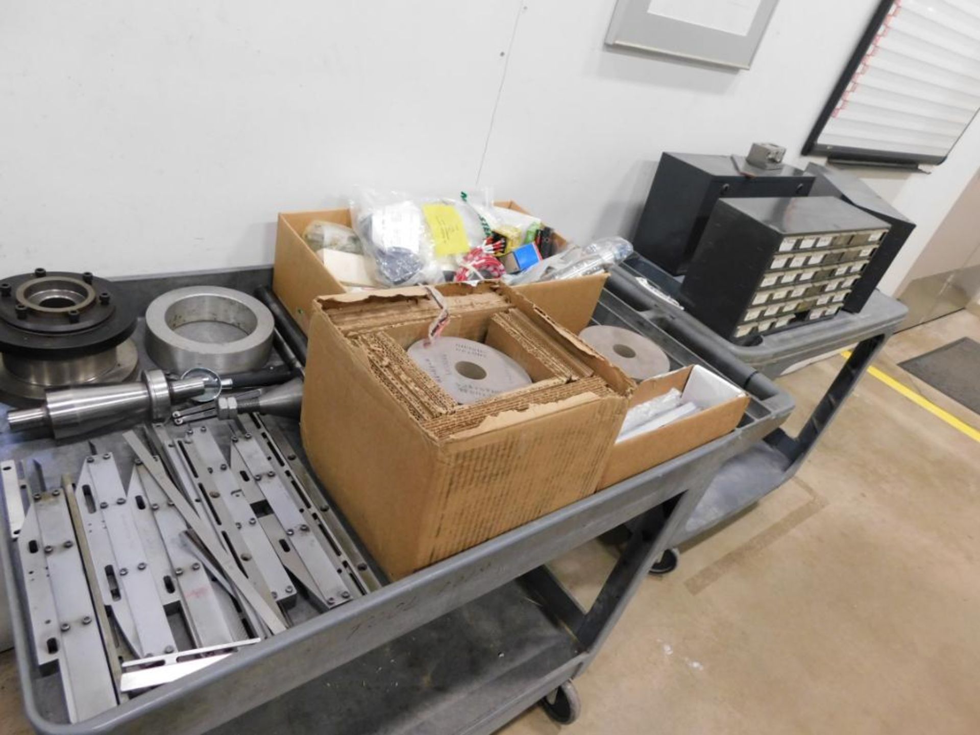 LOT: Assorted Wheels, Parts & Tooling with (2) Rolling Carts (for Royal Master grinder)
