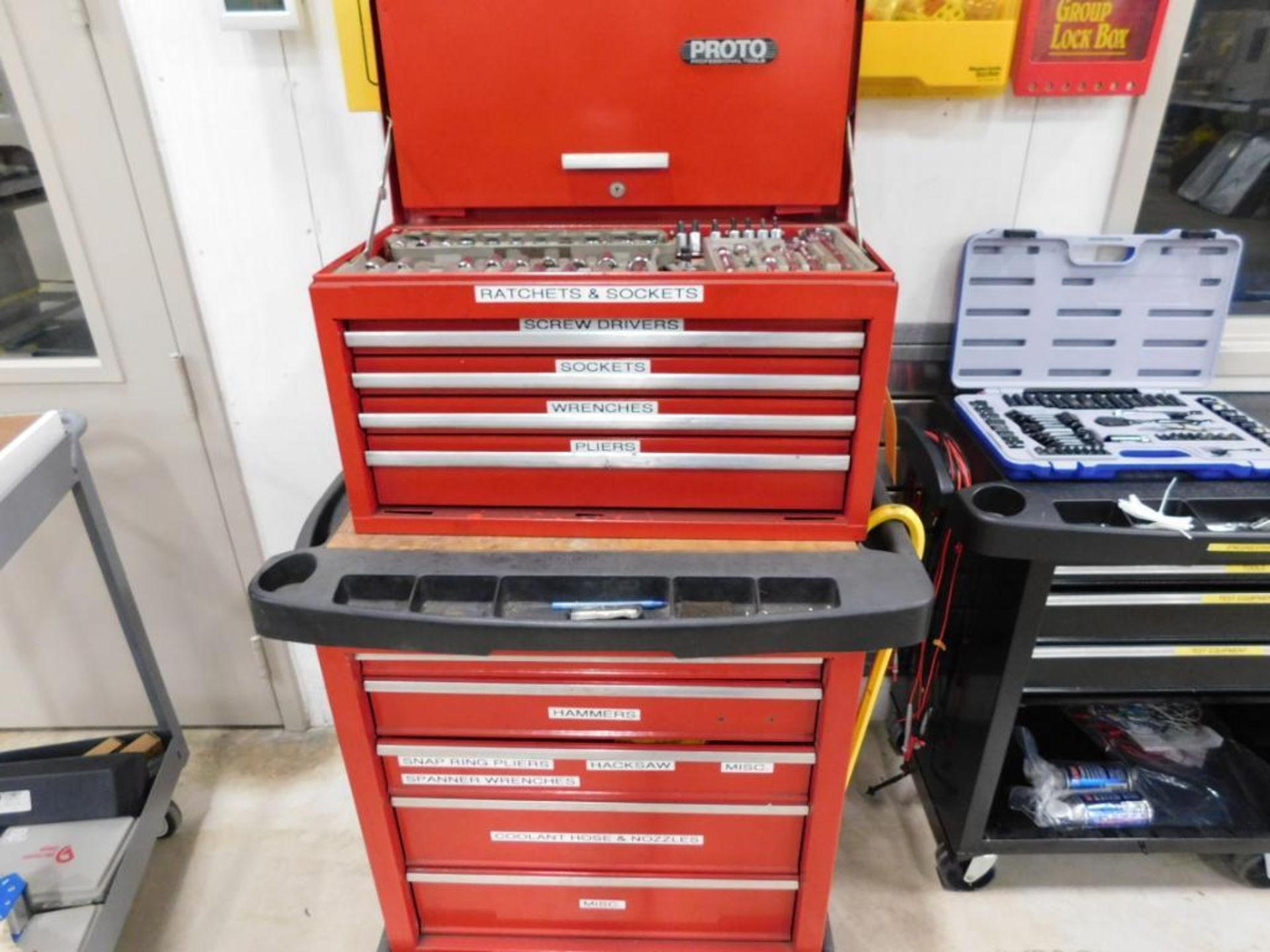 LOT: Rolling Double Stack Tool Boxes with Large Quantity of Hand Tools