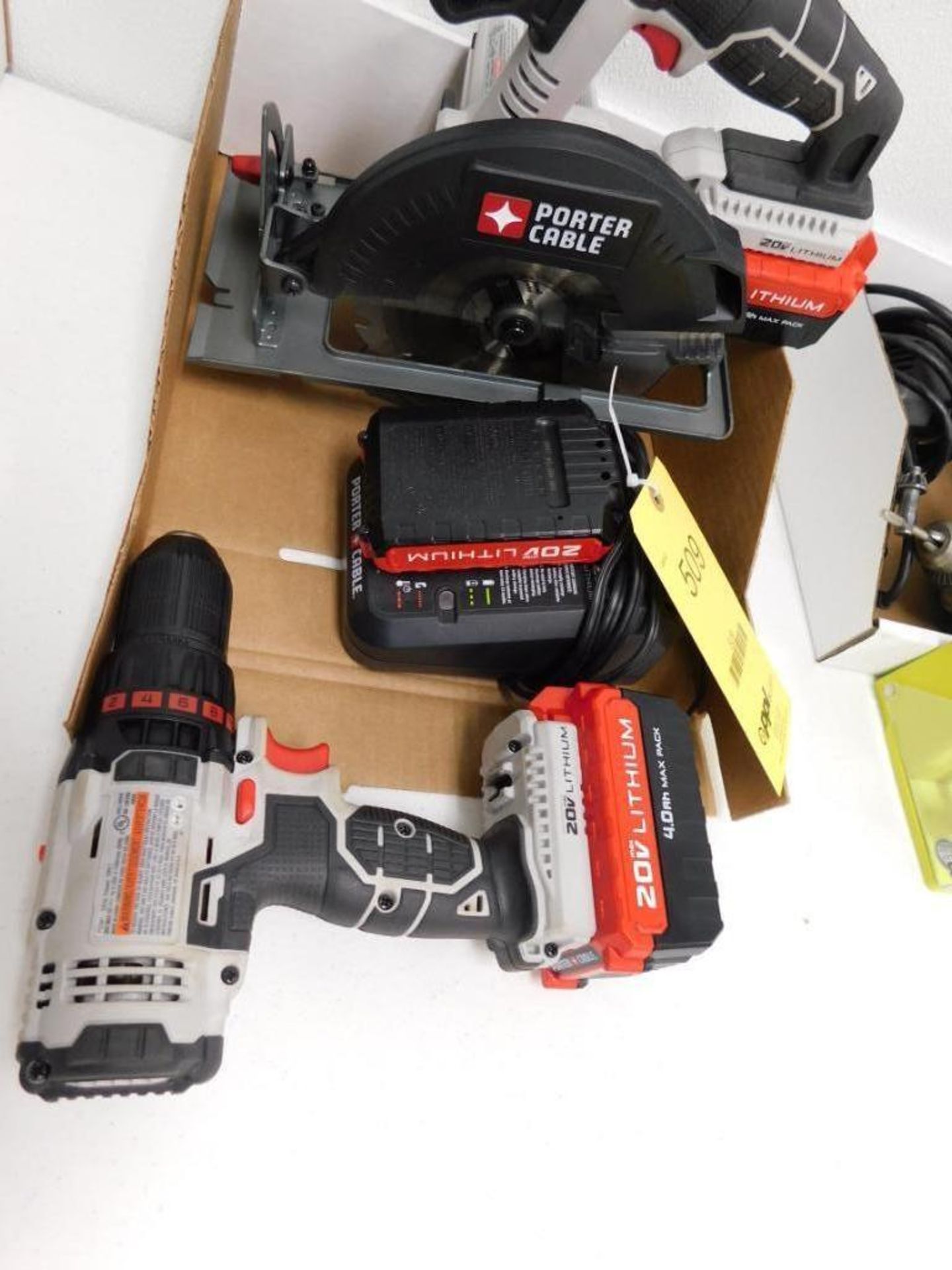 LOT: Porter Cable 20 Volt Lithion Cordless Drill & Circular Saw, with Batteries & Charger