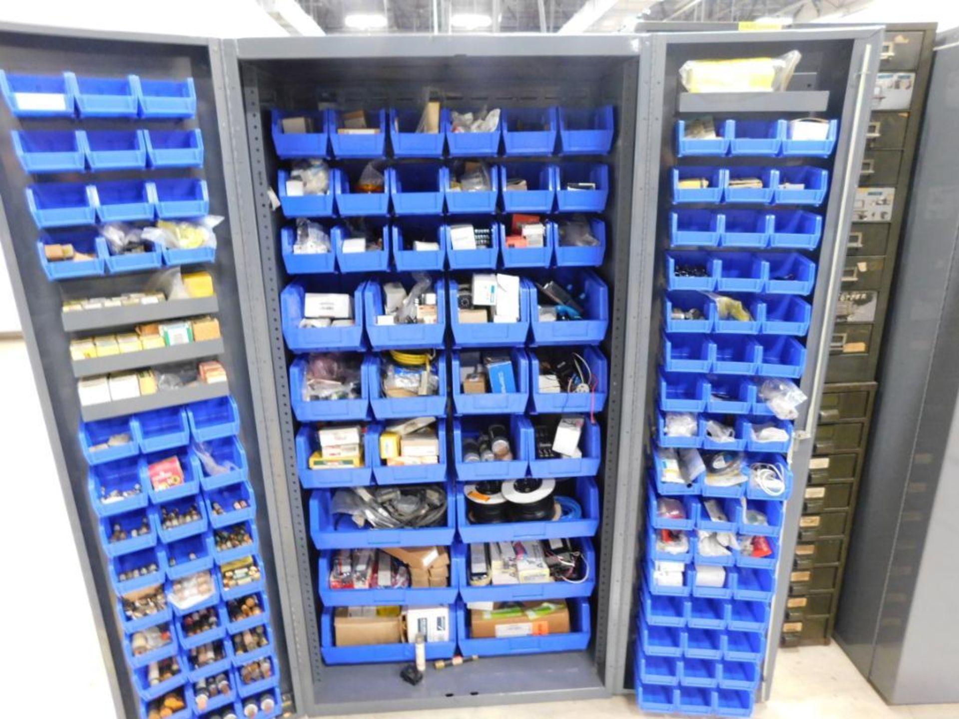 LOT: Heavy Duty Lockable Steel Bin Cabinet with Large Quantity of Fuses, Switches, Electrical - Image 2 of 3