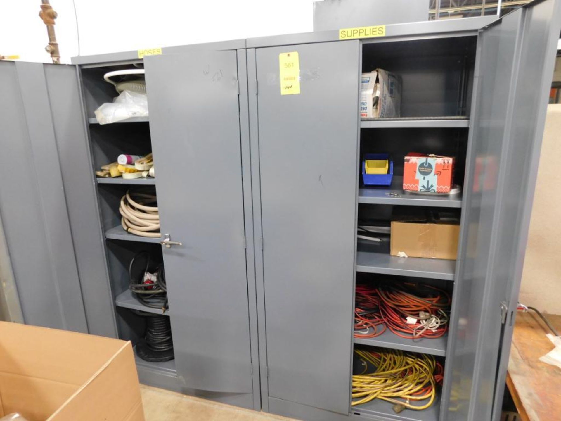 LOT: (2) Steel Cabinets with Contents of Hose, Extension Cords, Lifting Straps