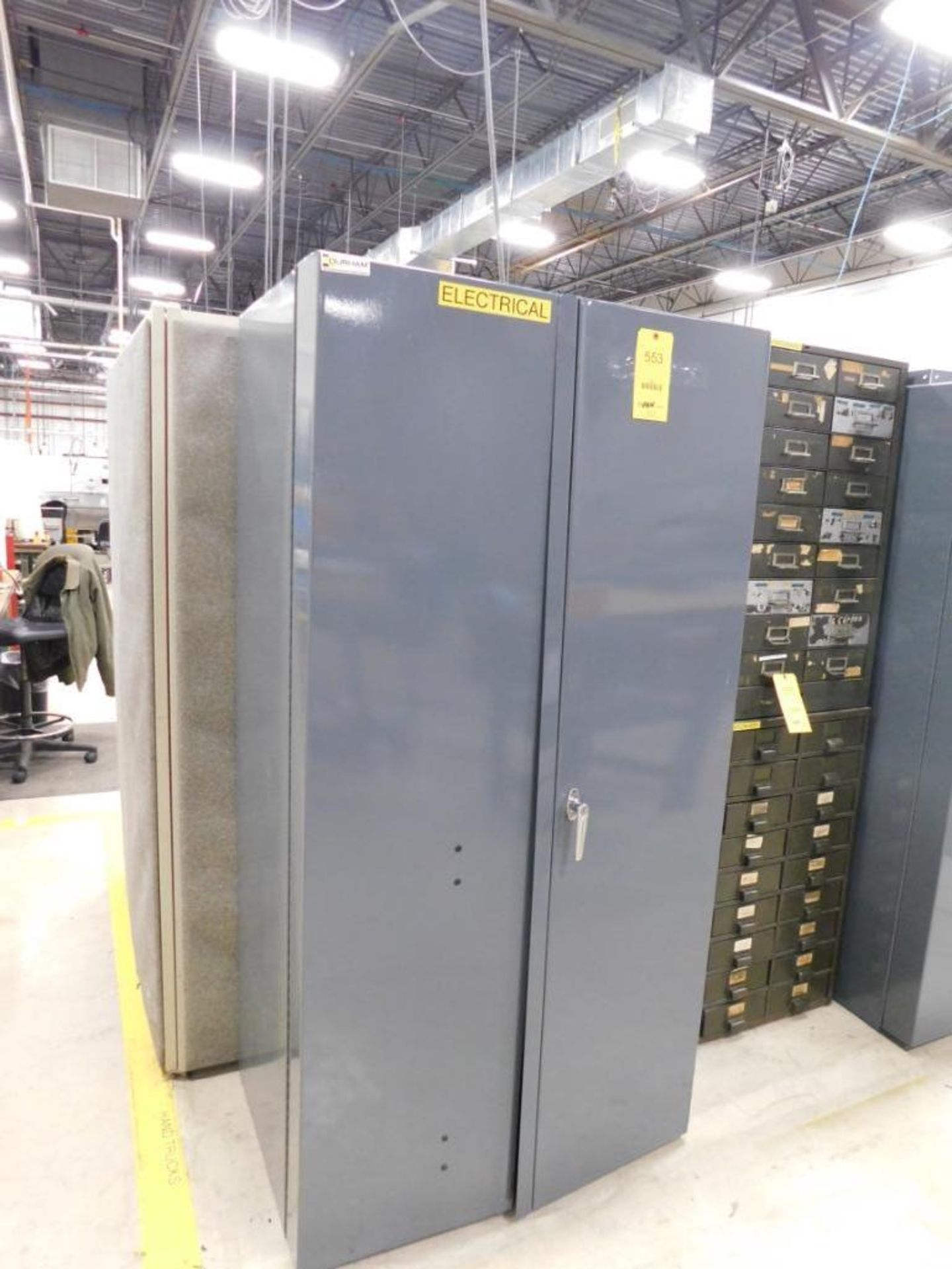 LOT: Heavy Duty Lockable Steel Bin Cabinet with Large Quantity of Fuses, Switches, Electrical