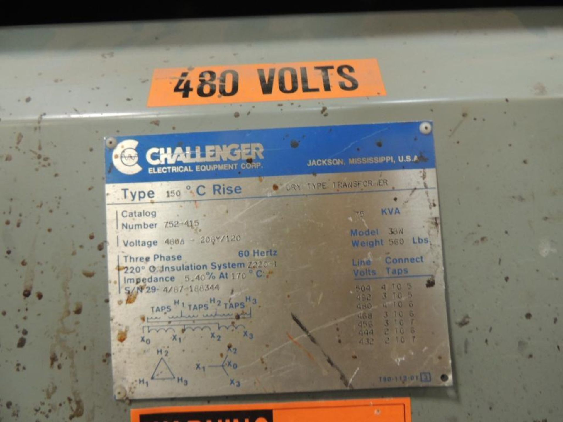 Challenger Transformer, 75 KVA, 3PH, 480 HV, 208/Y120 LV - Image 2 of 2