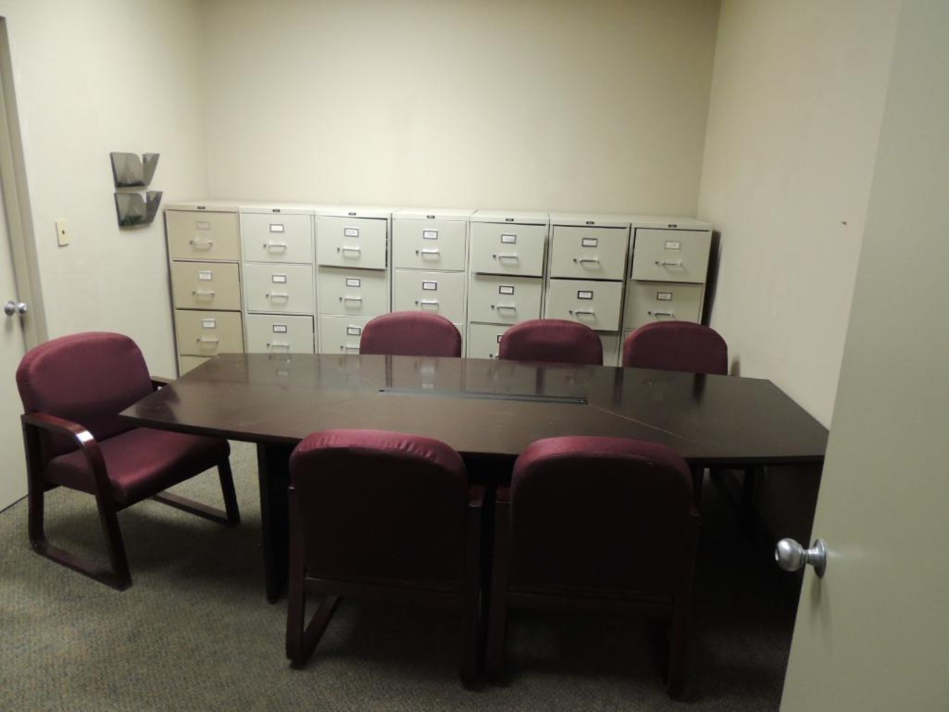 LOT: Conference Table Oval 42in. x 96 in., (7) Cushion Chairs, (7) File Cabinets