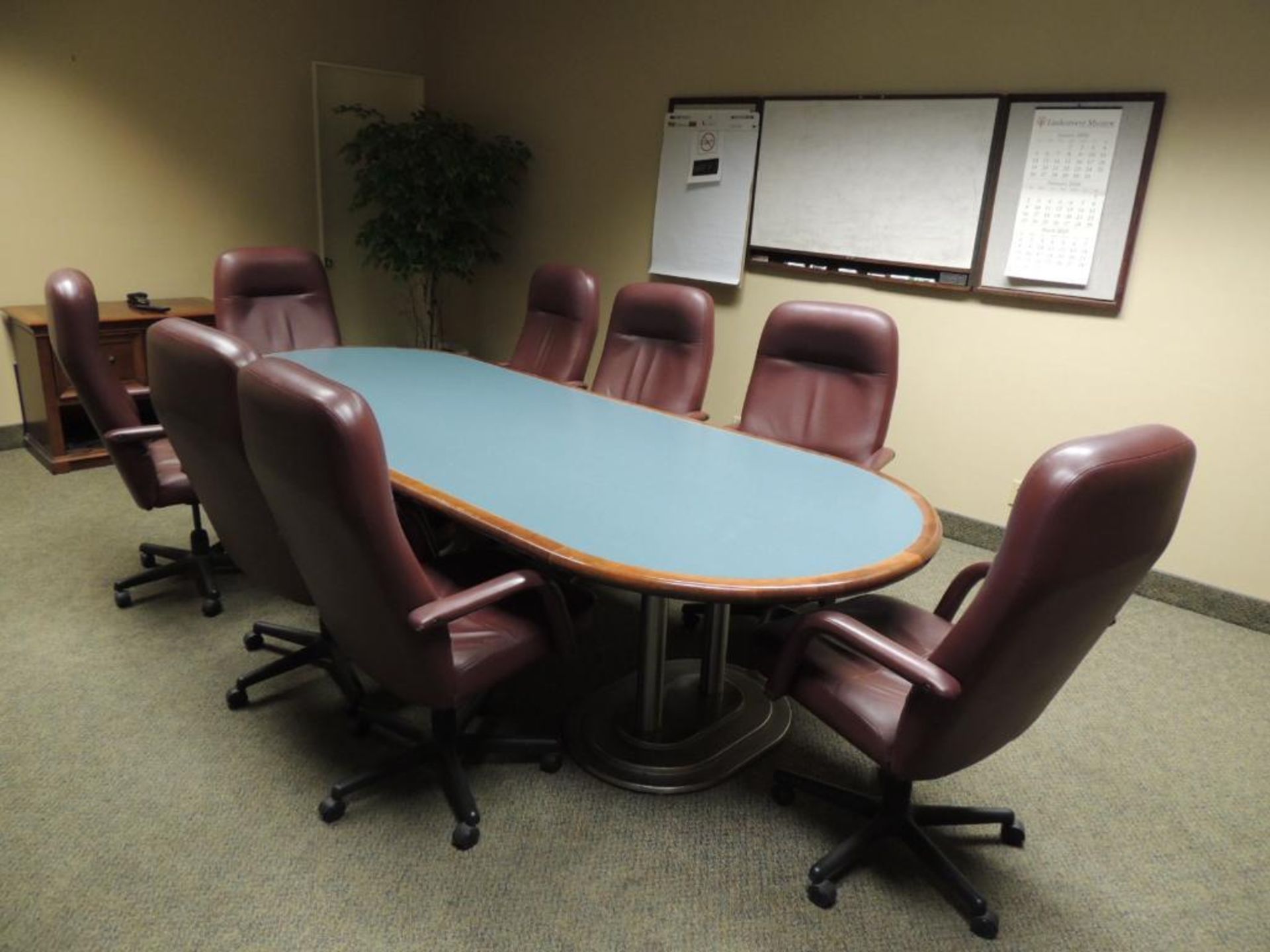 LOT: Conference Table Oval 48in. x 120 in. w/ 8 Highback Chairs, Credenza, (7) Cushion Chairs