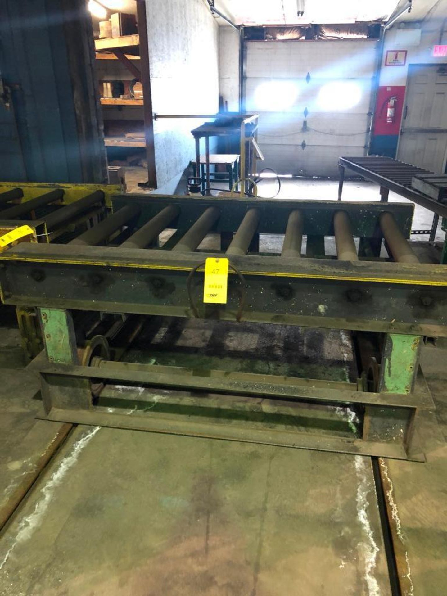 LOT: (2) 7 ft. Hand Transfers with 7 ft. of 40 in. Powered Roller Conveyor on 10 in. Centers