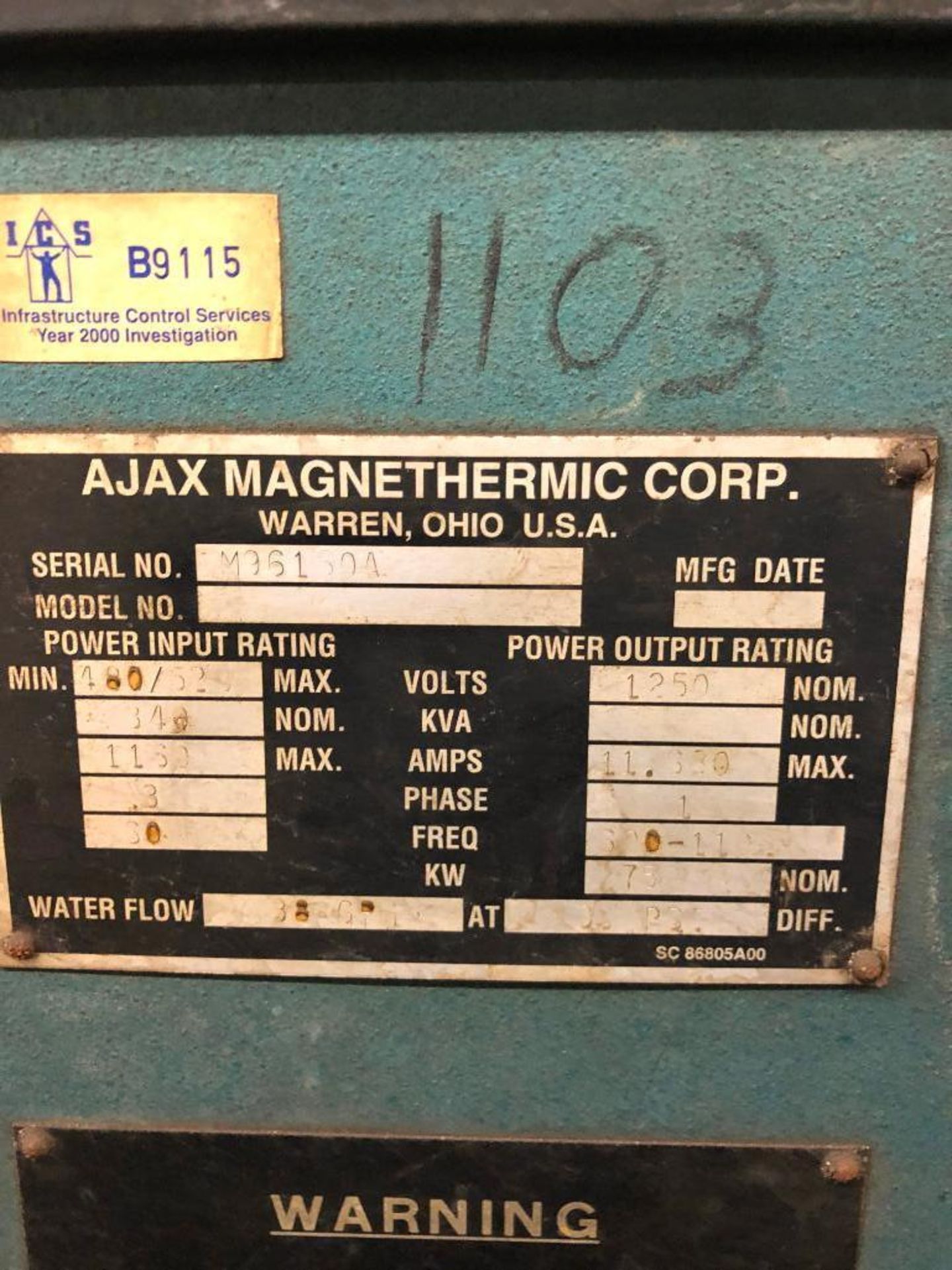 LOT: Ajax 750 kw Melt System with Ajax 750 kw 600-110 hz. Power Supply S/N M-96139A, Interconnecting - Image 4 of 4