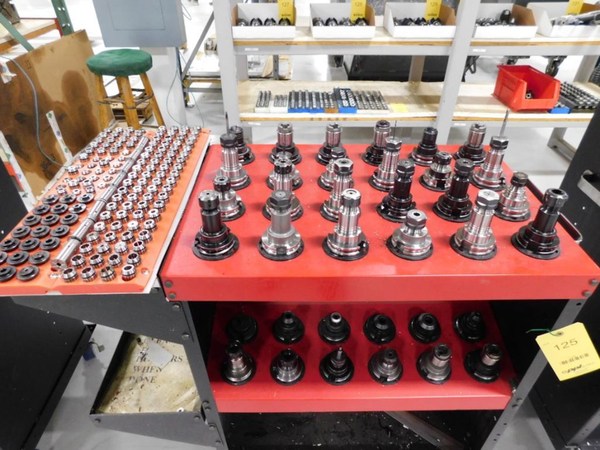 LOT: Assorted Tooling Cart w/Approximately 36 Pieces CAT 40 Tool Holders and ER Collets