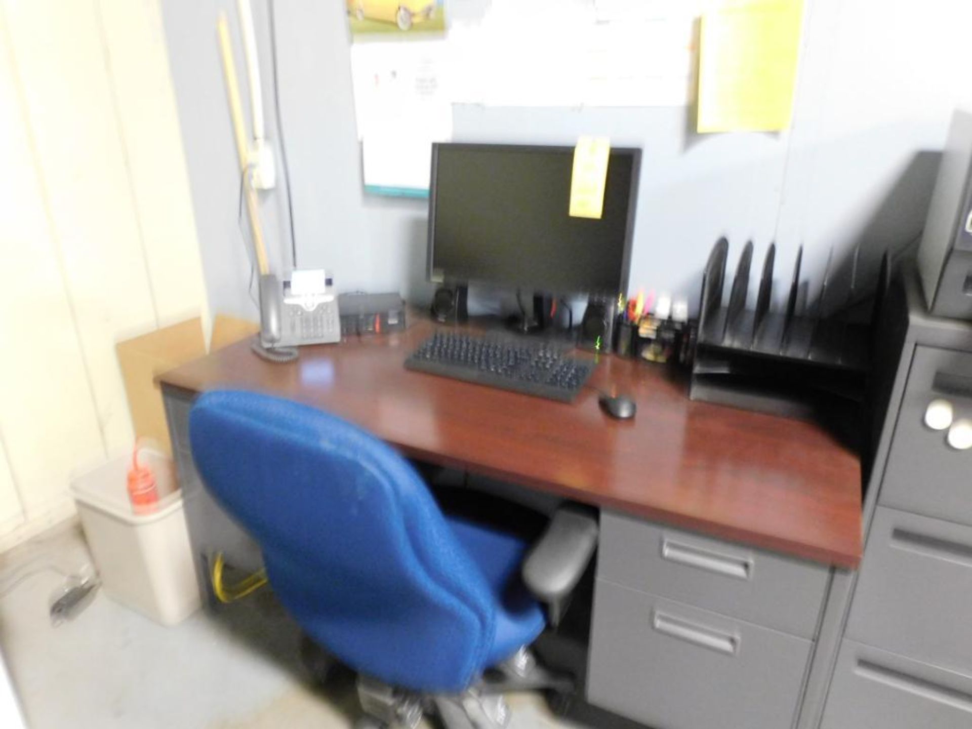 LOT: Office Desk and Chair, (1) Monitor and Key Board, (1) 3-Drawer File Cabinet, (1) Zebra ZT 410 L