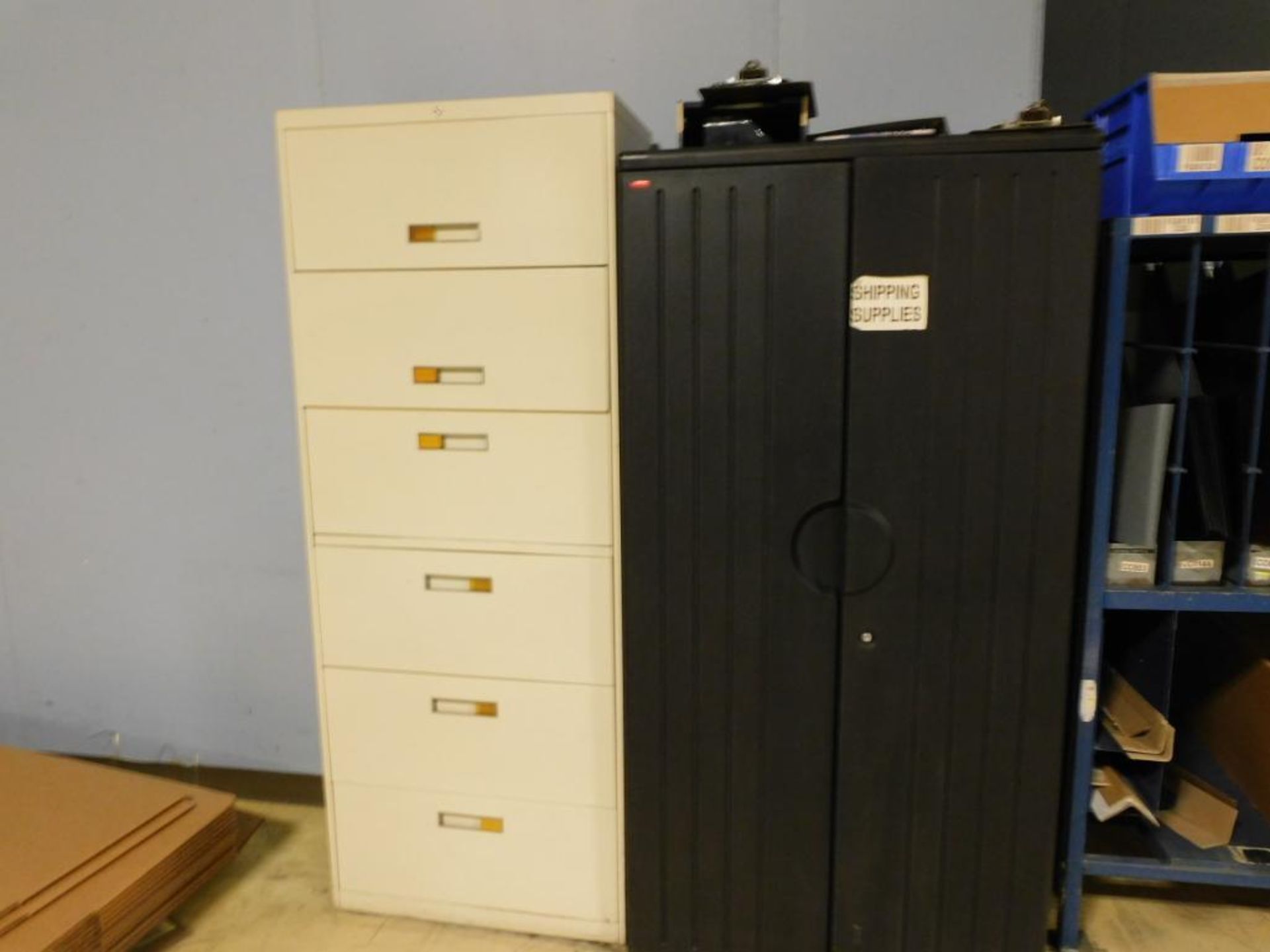 LOT: Shipping Supplies Including (1) 6-Drawer File Cabinet, (1) Storage Cabinet, (1) Metal Storage R