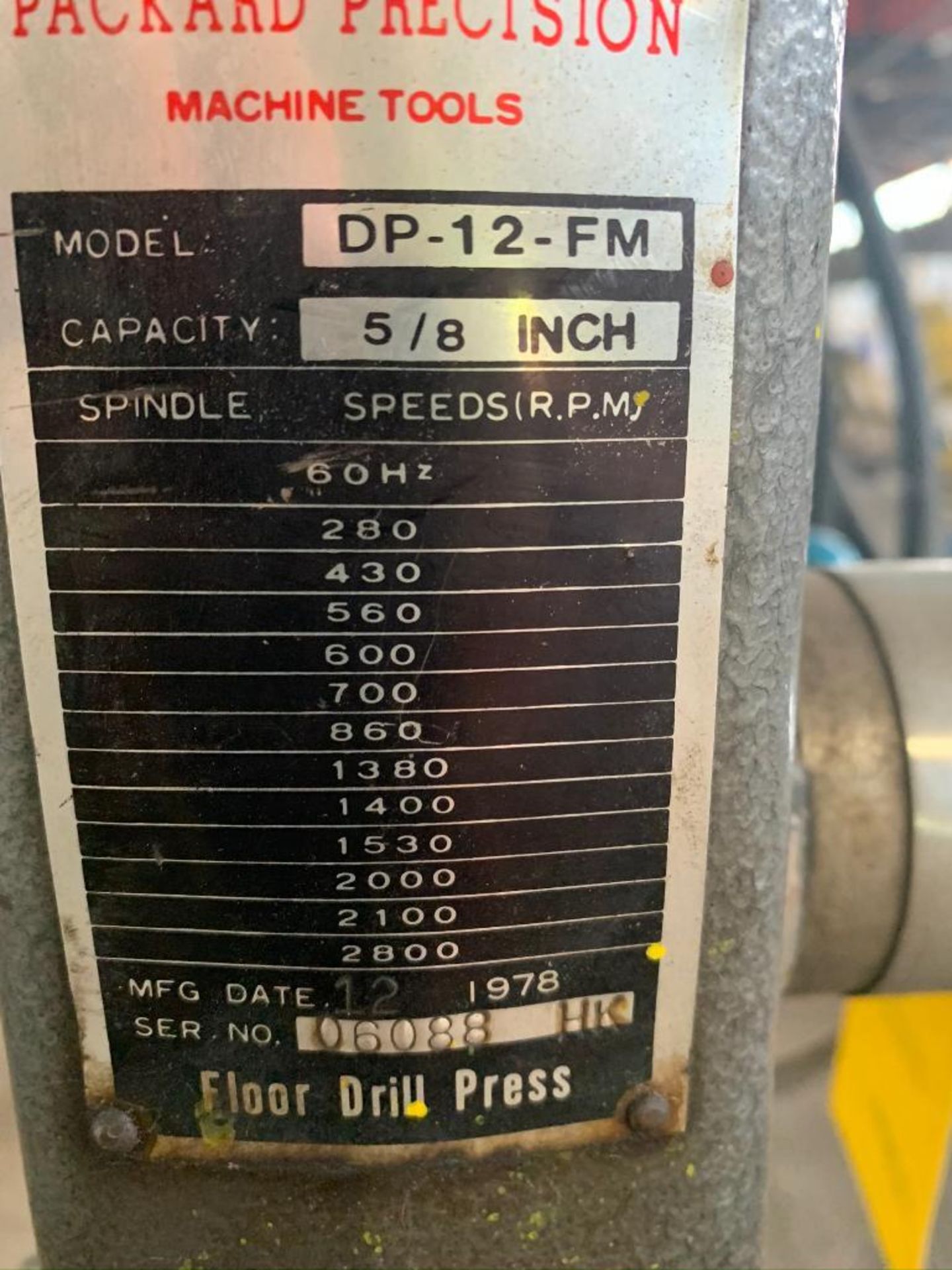 Packard 5/8 in. Drill Press Model 01-12-FM, S/N 06088, 1/2 HP Dayton Motor - Image 3 of 4