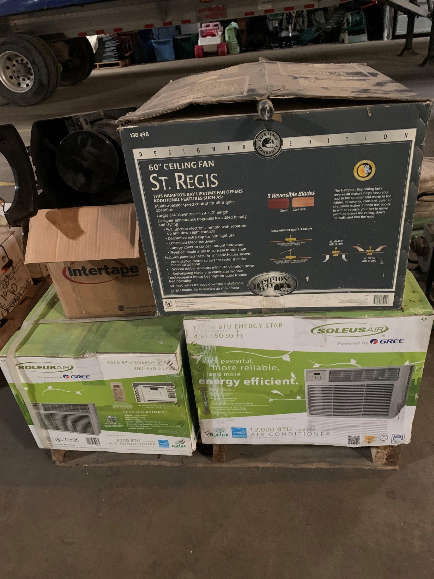 LOT: Regis 60 in. Ceiling Fan, (2) Air Conditioners (new in box) - 8000 BTU & 12,000 BTU