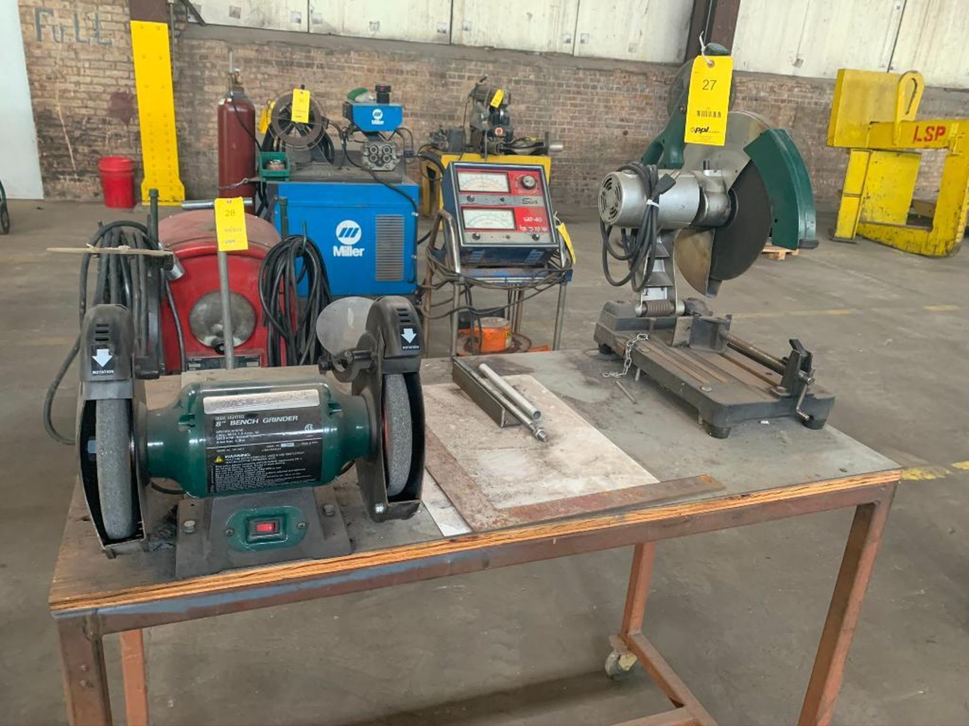 LOT: Master Force 8 in. Bench Grinder, Master Force Cut-off Saw, with Bench