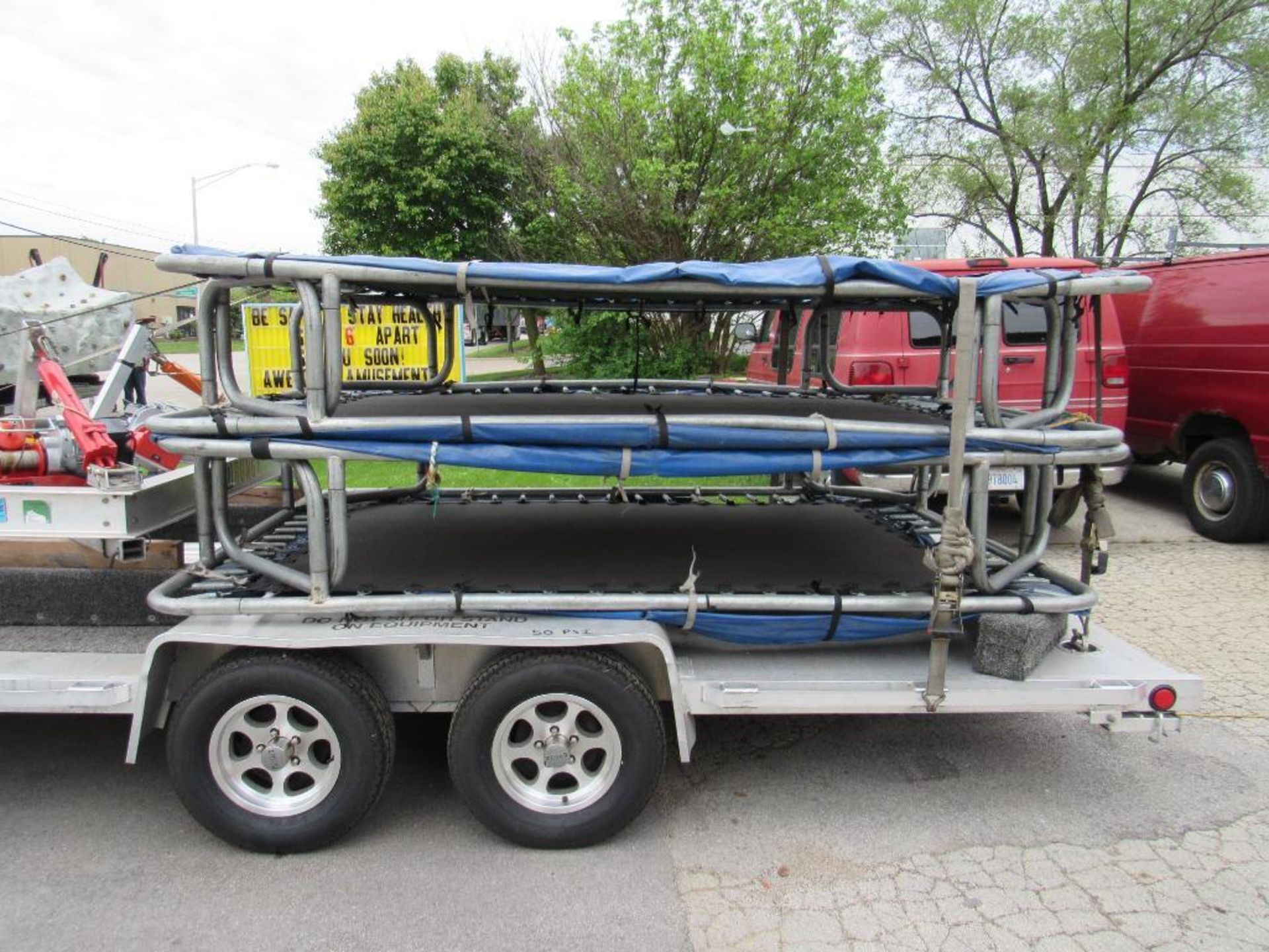 BULK LOT: 4 person Eurobungy unit with 6' x 10' trampolines and custom 20' Alumna car hauler trailer - Image 9 of 13