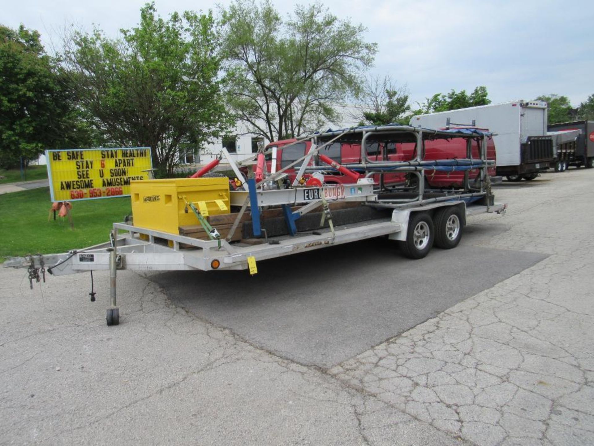 BULK LOT: 4 person Eurobungy unit with 6' x 10' trampolines and custom 20' Alumna car hauler trailer - Image 2 of 13