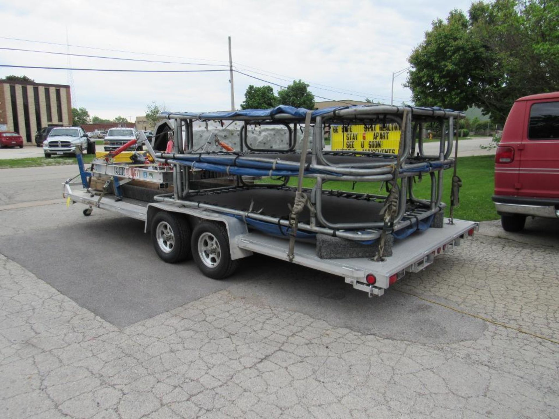 BULK LOT: 4 person Eurobungy unit with 6' x 10' trampolines and custom 20' Alumna car hauler trailer - Image 3 of 13