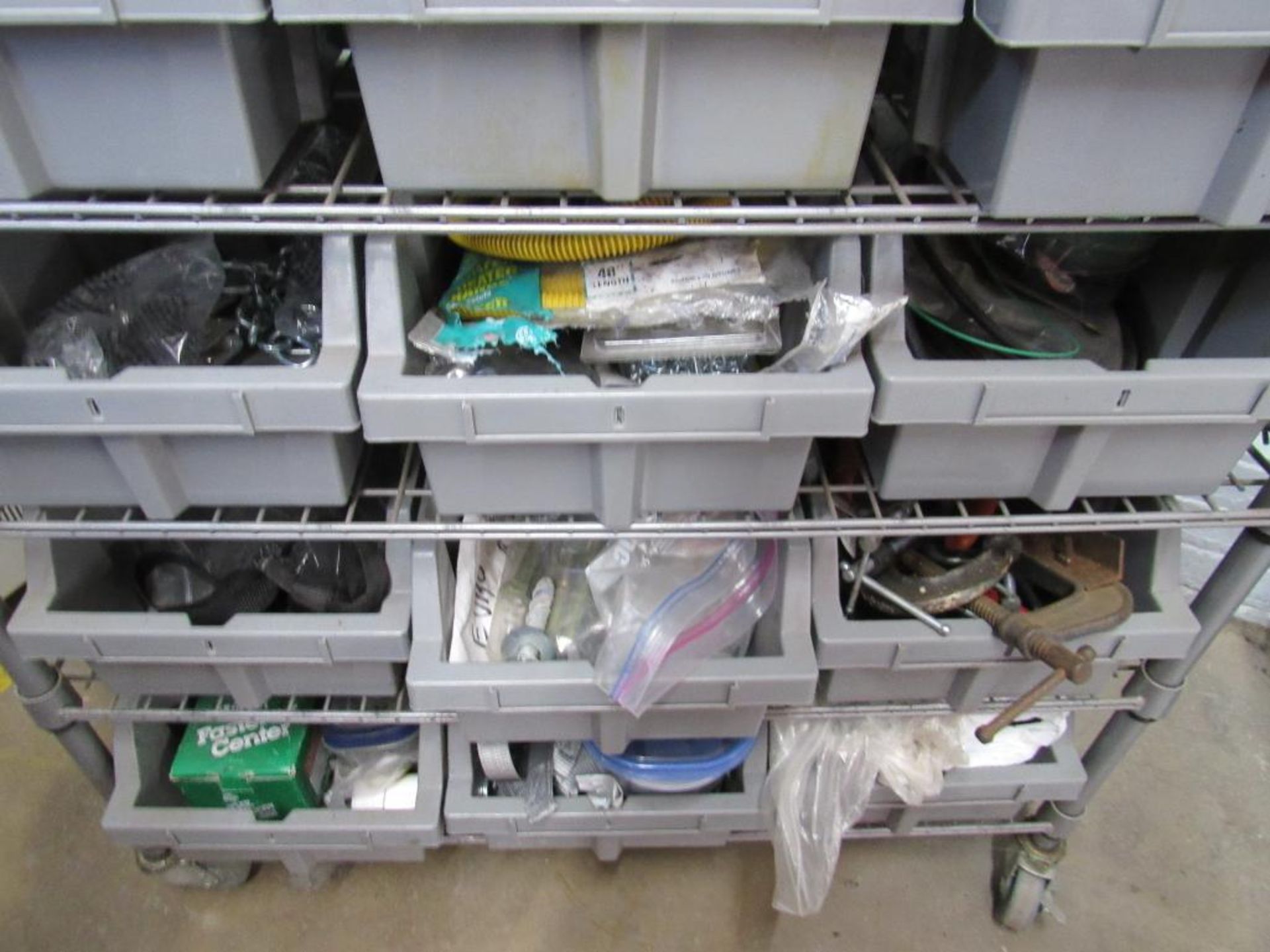 LOT: (18) Bin Rack Cart w/Contents, Velcro, Double Sided Tape, Pads/Feet for Games, Rivet Guns, Sand - Image 3 of 3