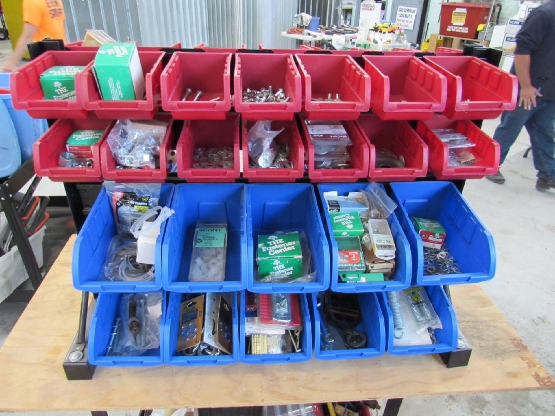 LOT: Hardware Bin Rack/Double Sided w/Cart of Misc. Tooling, Hand Tools, Wheels - Image 3 of 6