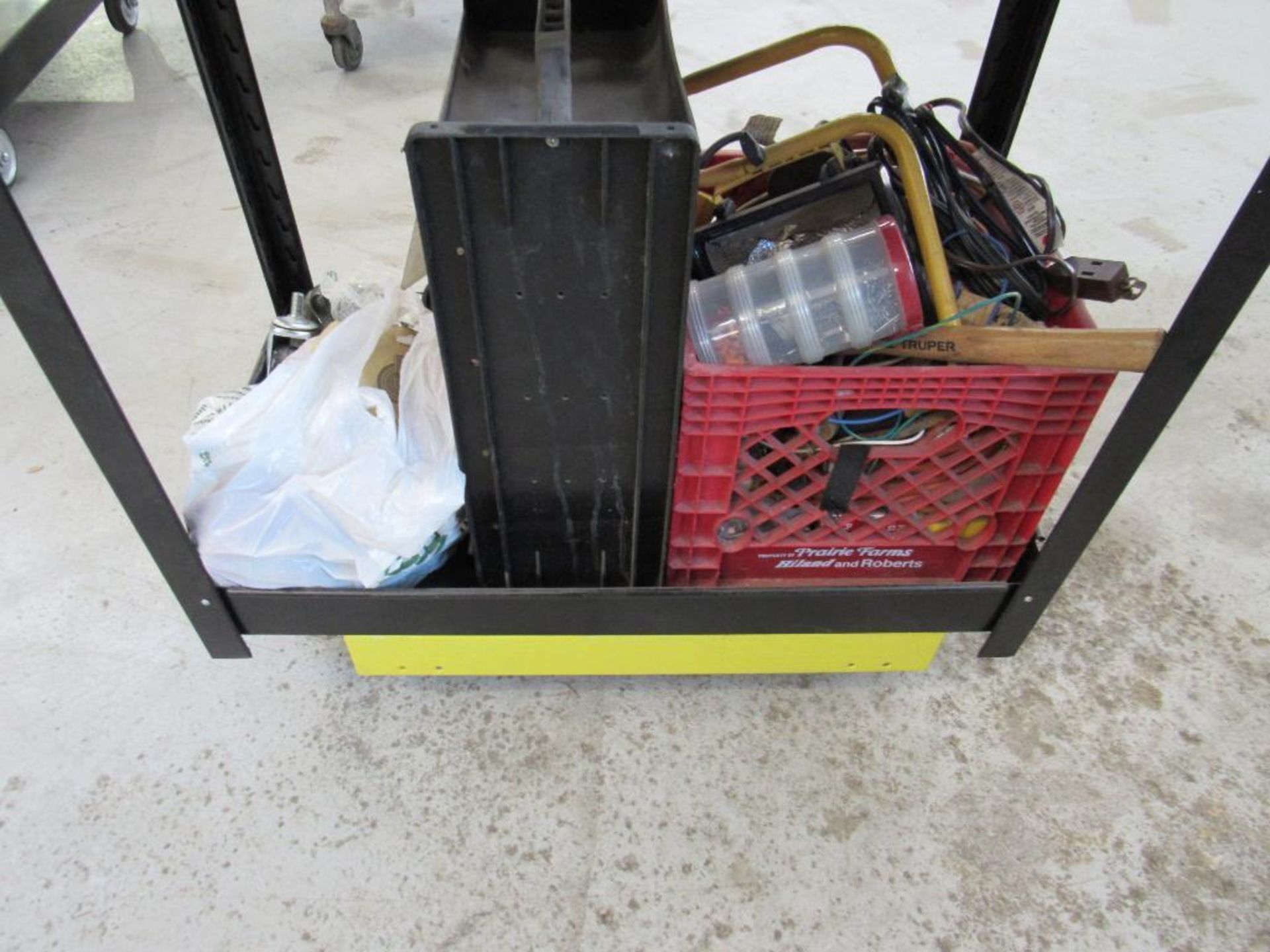 LOT: Hardware Bin Rack/Double Sided w/Cart of Misc. Tooling, Hand Tools, Wheels - Image 4 of 6