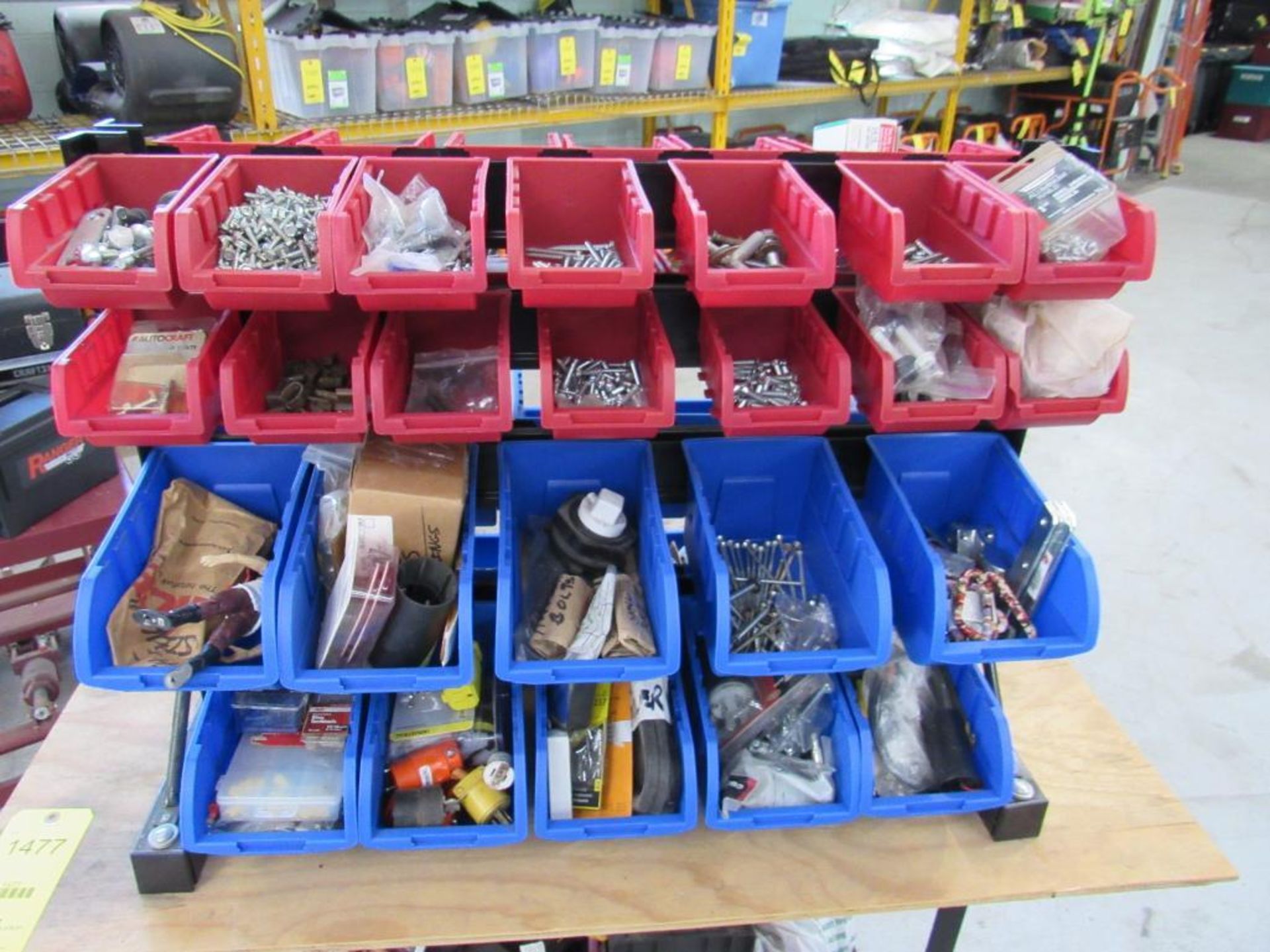 LOT: Hardware Bin Rack/Double Sided w/Cart of Misc. Tooling, Hand Tools, Wheels - Image 2 of 6