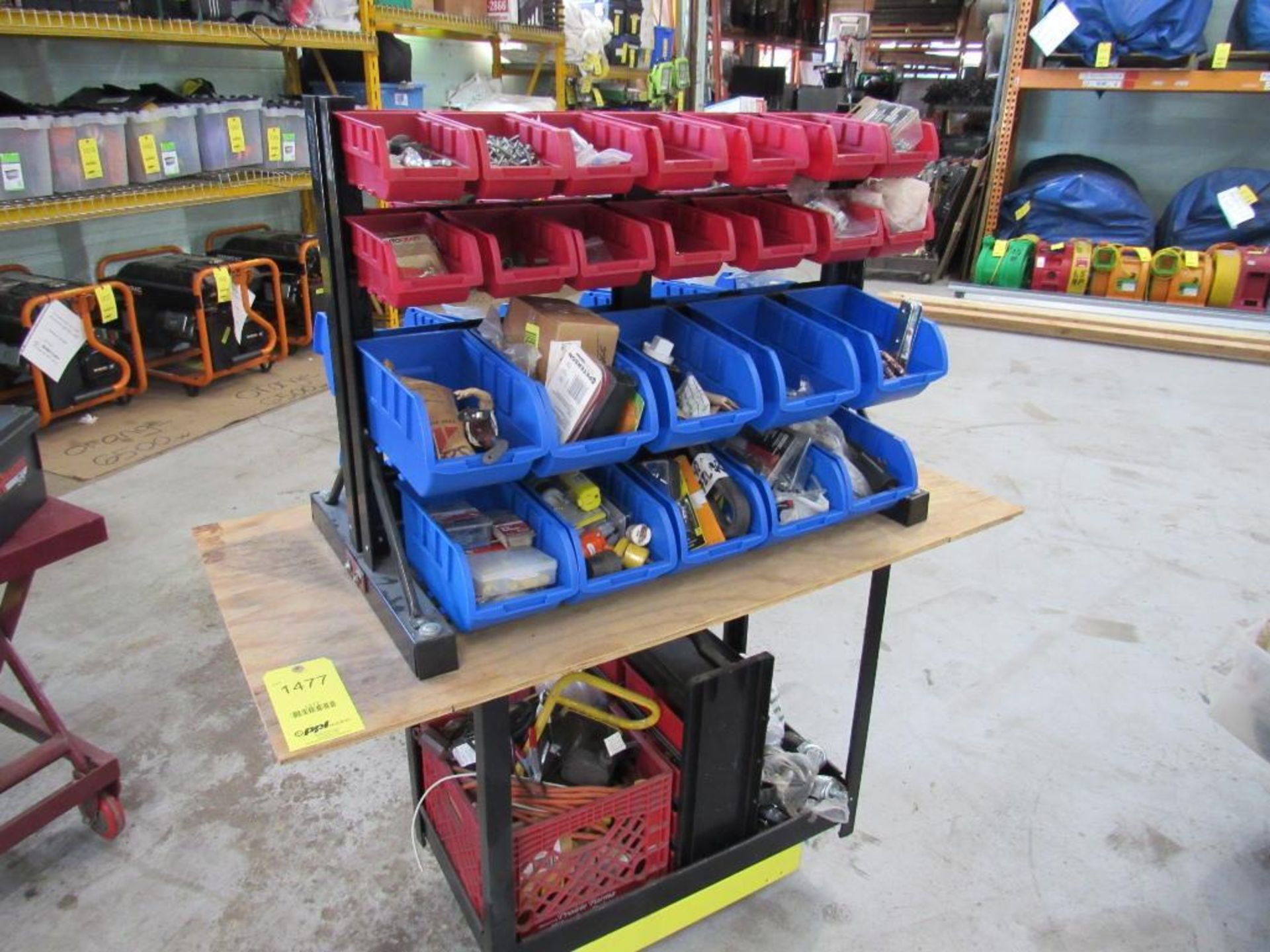 LOT: Hardware Bin Rack/Double Sided w/Cart of Misc. Tooling, Hand Tools, Wheels