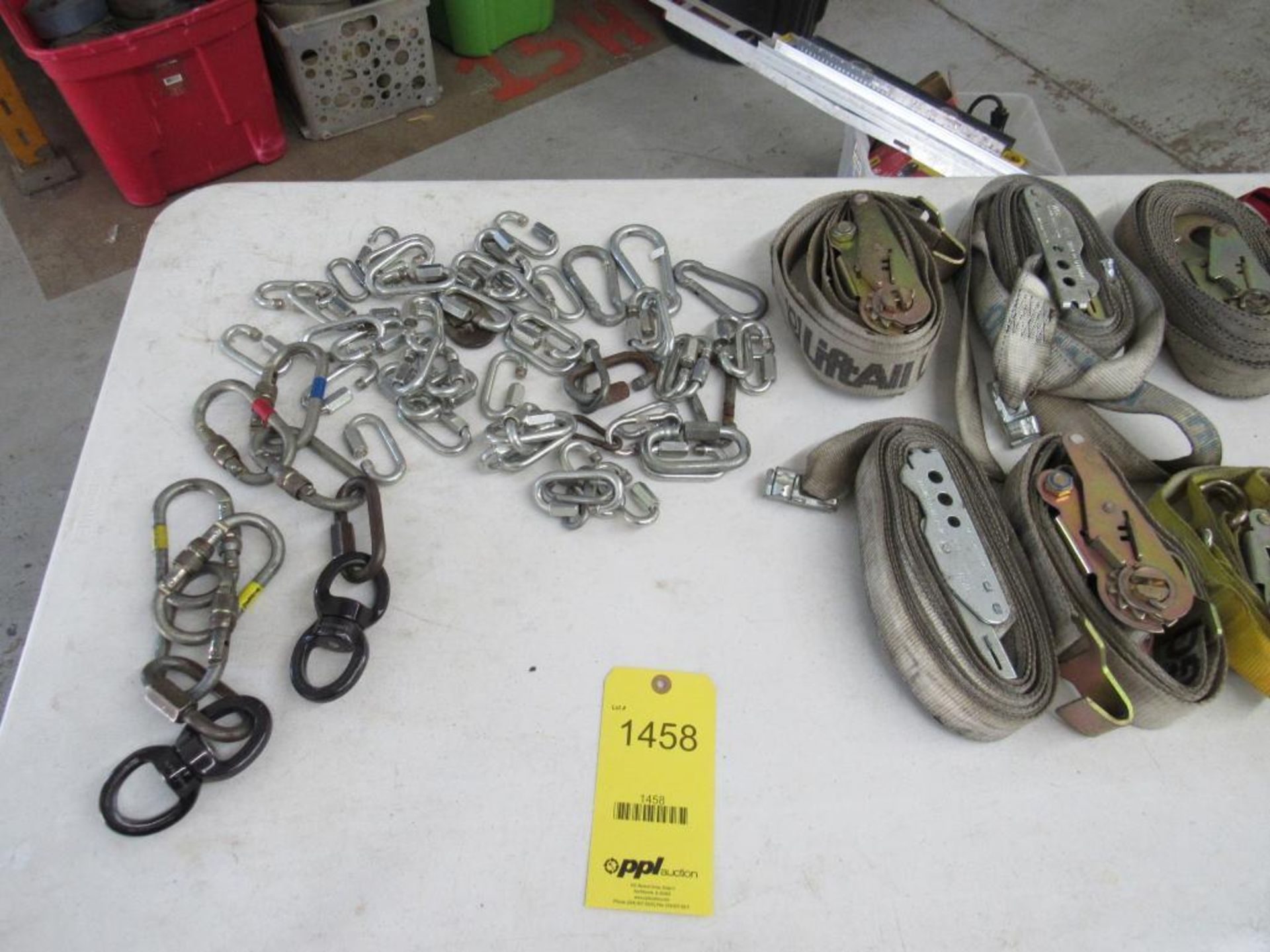 LOT: Misc. Rachet Straps, Carabiners and Quick Clips