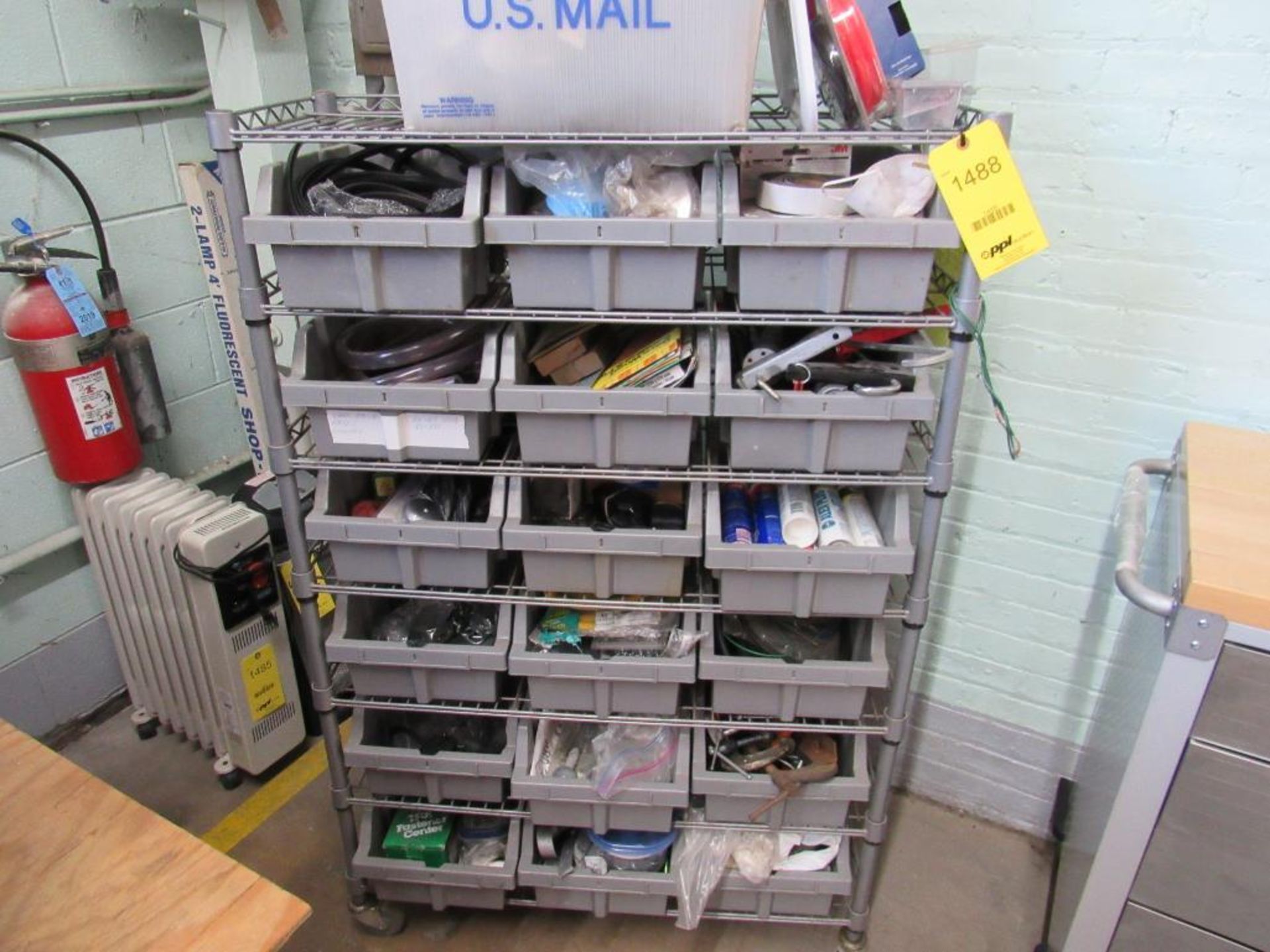 LOT: (18) Bin Rack Cart w/Contents, Velcro, Double Sided Tape, Pads/Feet for Games, Rivet Guns, Sand