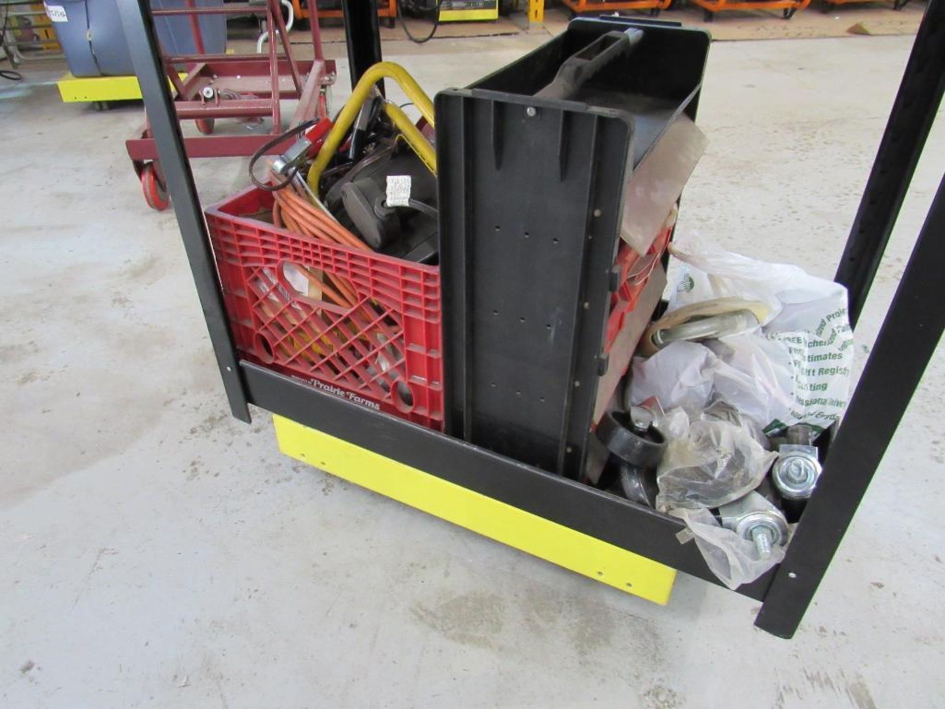 LOT: Hardware Bin Rack/Double Sided w/Cart of Misc. Tooling, Hand Tools, Wheels - Image 5 of 6