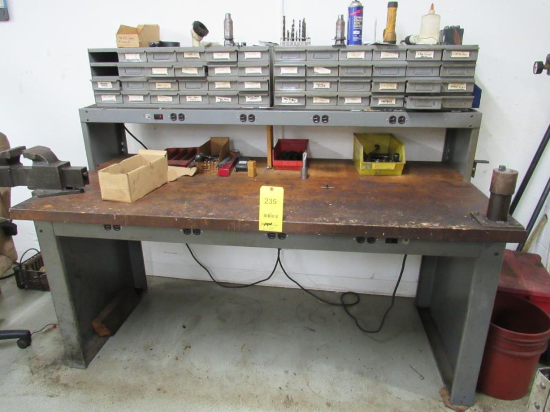 LOT: 36 in. x 72 in. Maple Top Work Bench, with 4 in. Bench Vise, (1) Tool Setter, Multi-Bin Cabinet