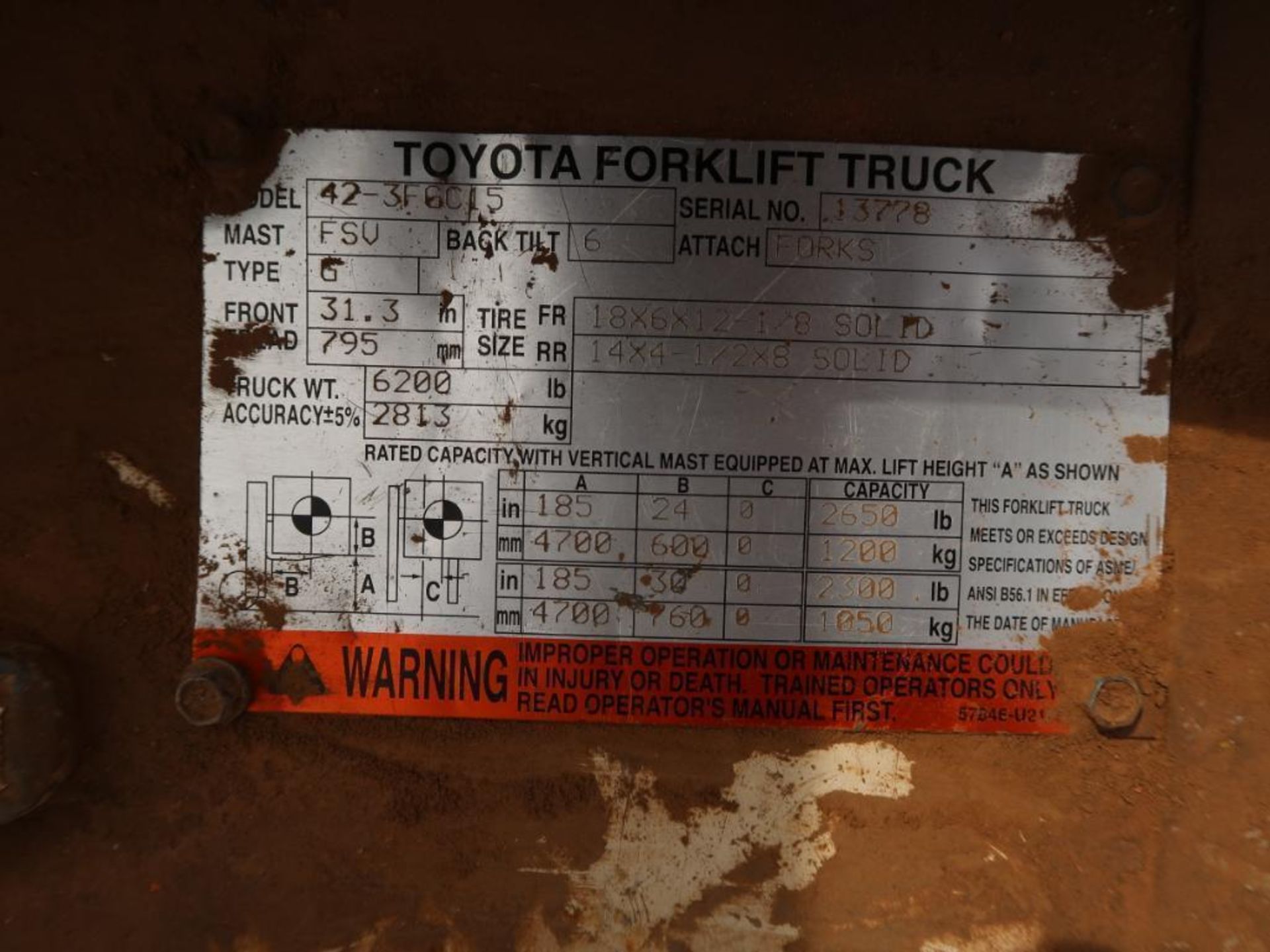 3000 Lb. (est.) Toyota Triple Mast Forklift, MDL 42-3FGC15, Solid Tires, Sideshift, S/N 13778 9 (AS - Image 3 of 3