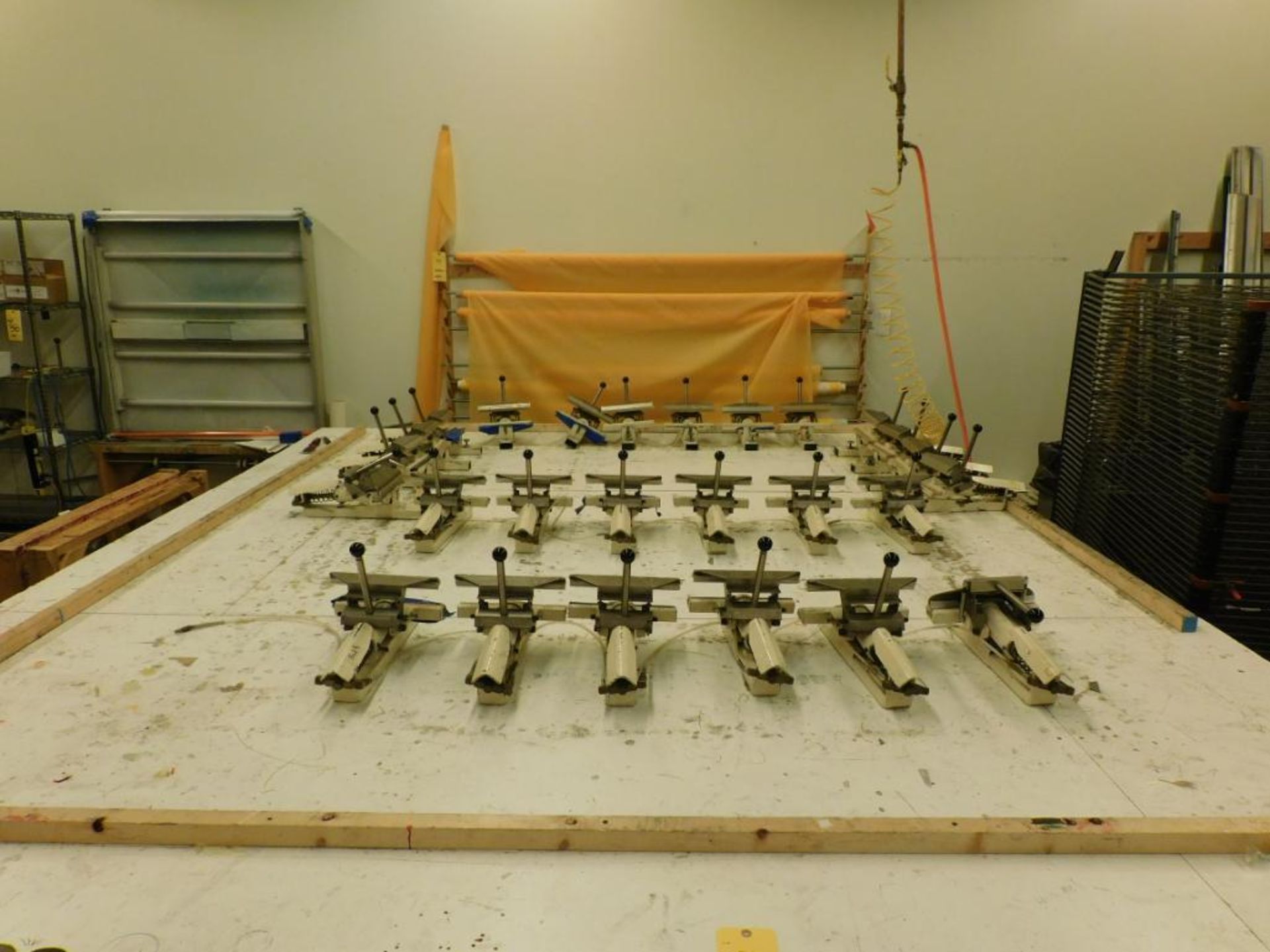 LOT: Screen Stretching Unit with (26) Clamps, Rack of Assorted Parts