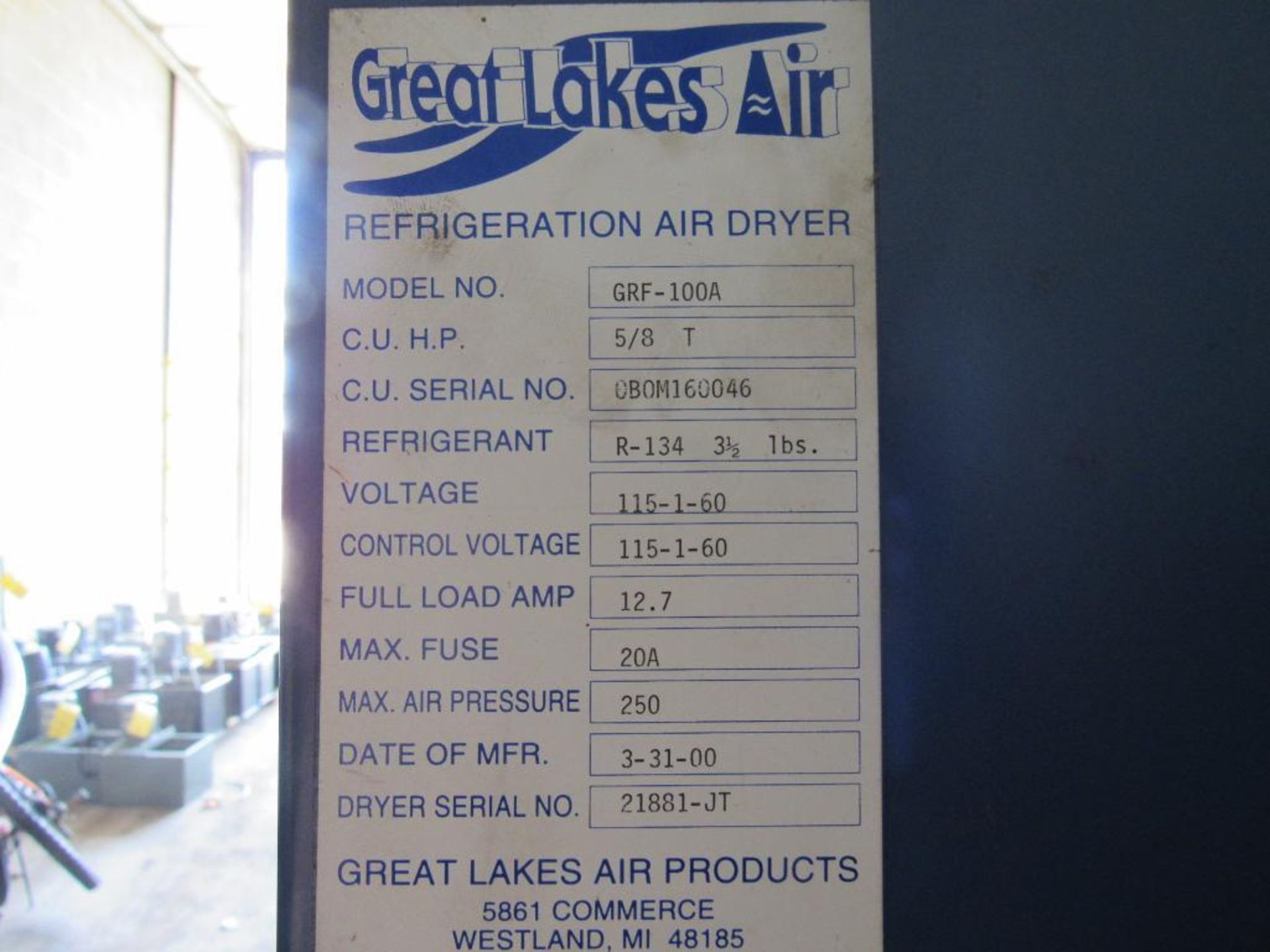 Great Lakes Refrigerated Air Dryer Model GRF-100A, S/N 21881-JT (2000) - Image 2 of 2