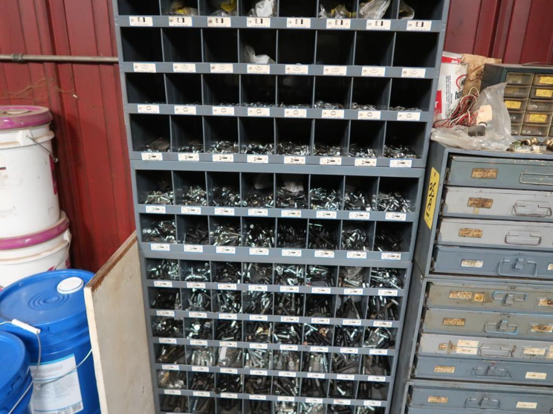 LOT: Large Quantity of Fasteners with Cubby Hole Shelving & Drawers - Image 2 of 7