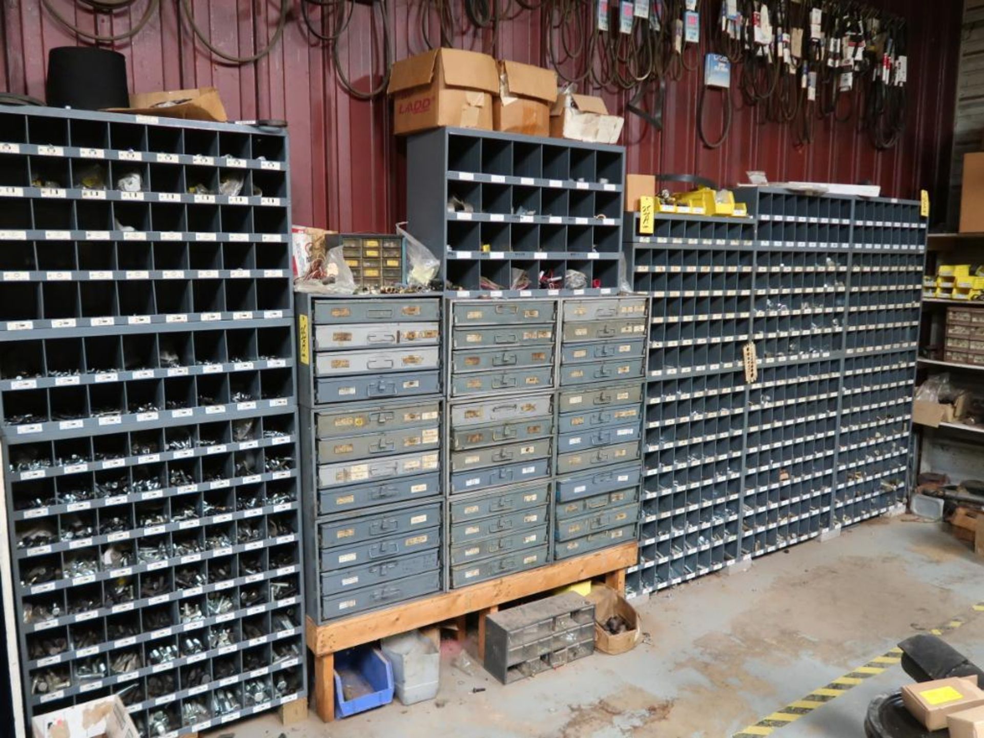 LOT: Large Quantity of Fasteners with Cubby Hole Shelving & Drawers
