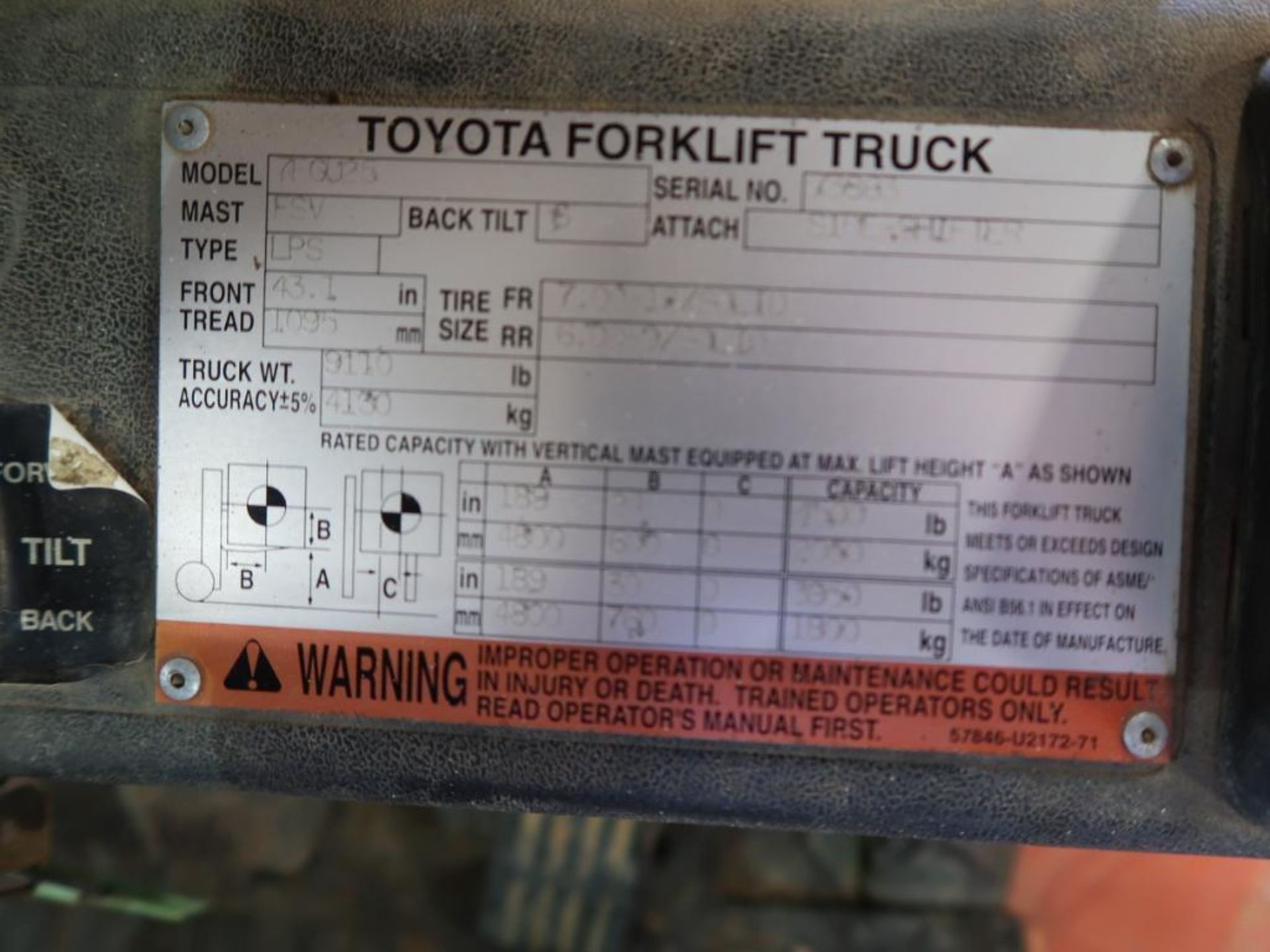Toyota 5000 lb. LP Forklift Model 7FGU25, S/N 73863, Pneumatic Tires, 3-Stage Mast, Side Shift, 4250 - Image 6 of 6