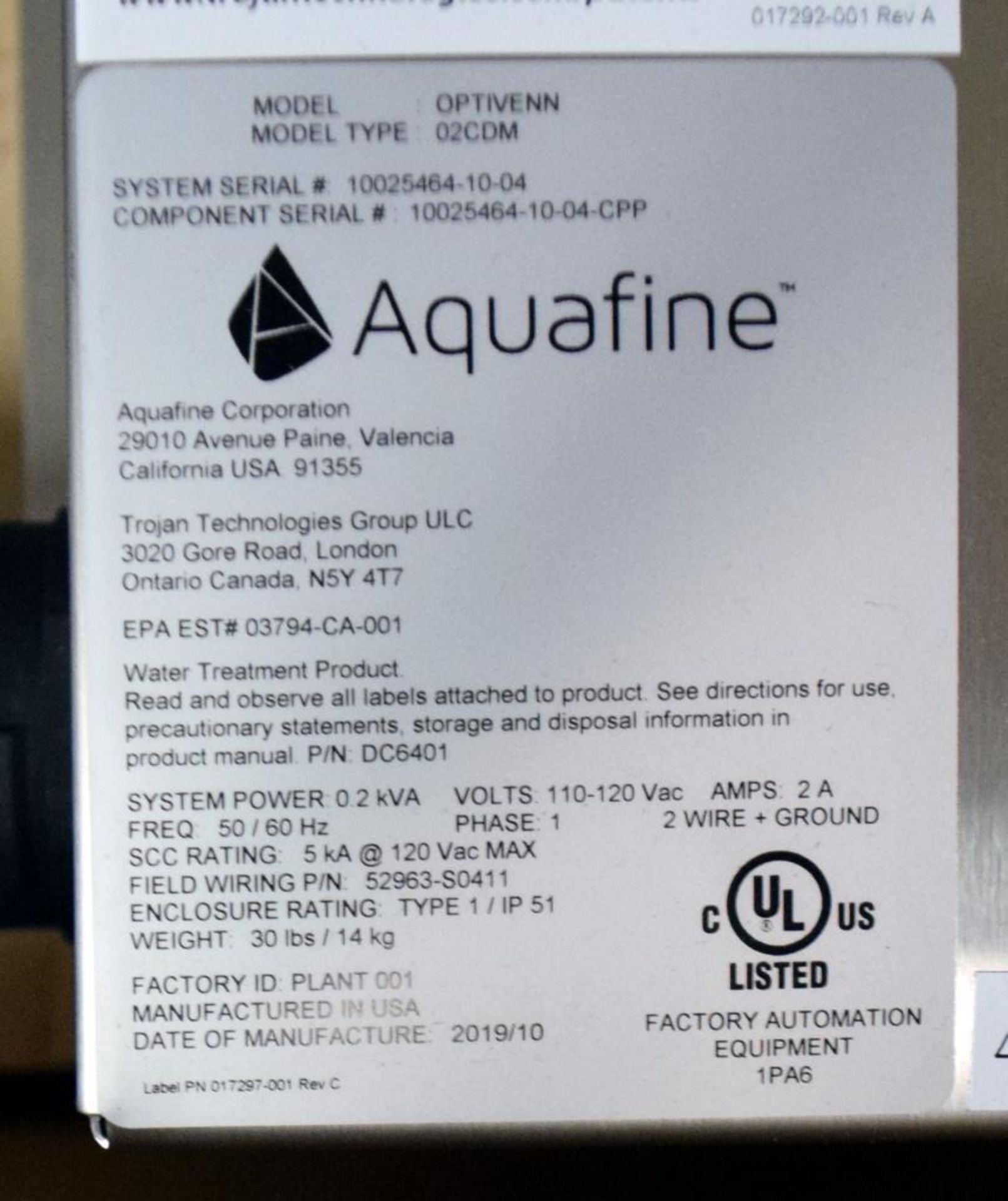 AQUAFINE OPTIVENN Series Ultraviolet Disinfection Unit Model 02CDM, 316L Stainless Steel Constructio - Image 2 of 2